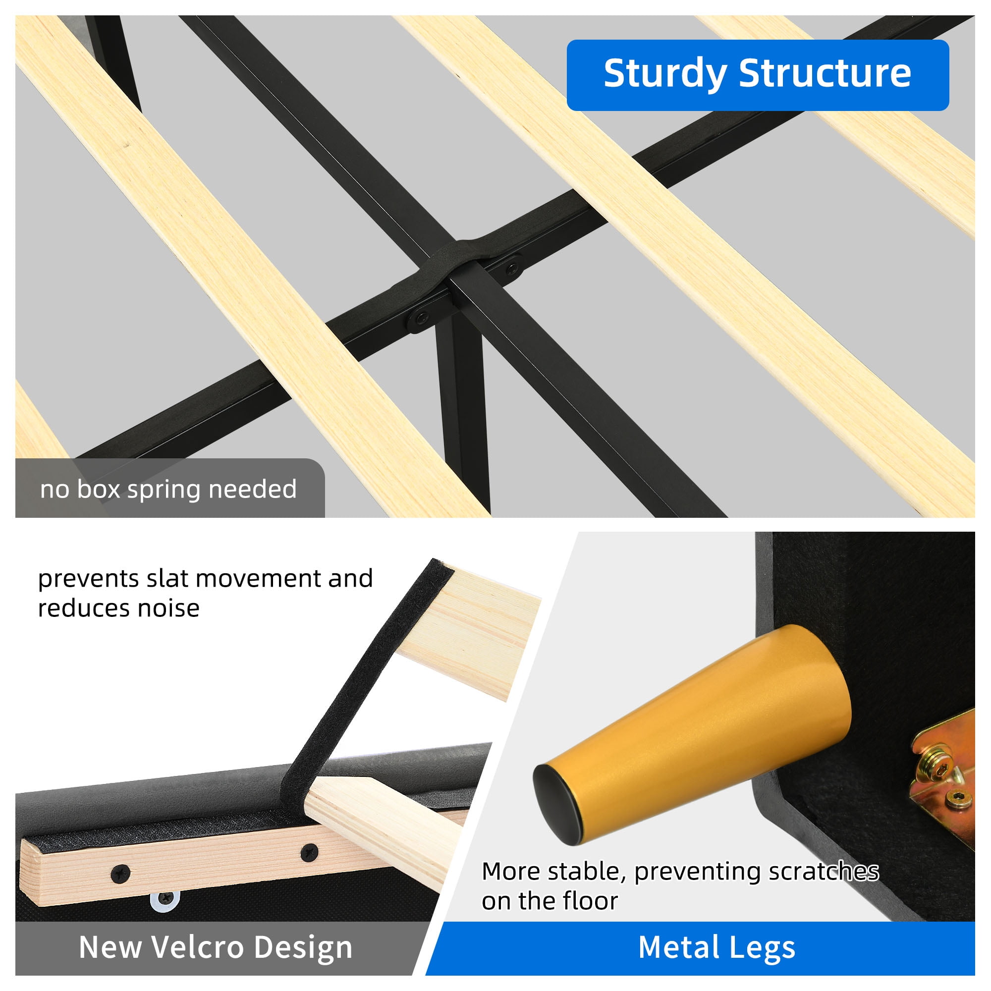 Dextrus Upholstered Wingback Bed Frame, King Size Platform Bed Frame, Gray - Image 4