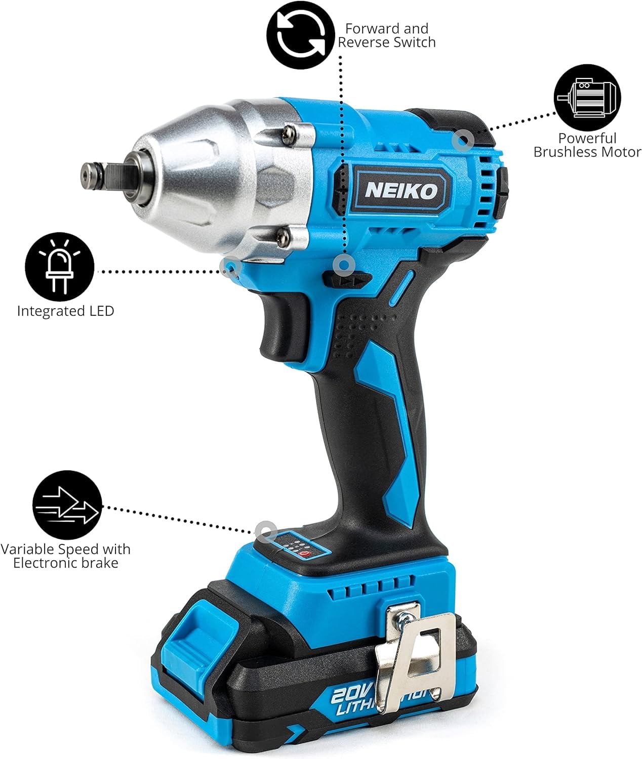 Neiko 10880A 3/8-Inch-Drive Brushless Cordless Impact Wrench, 20-Volt Compact Impact Wrench with Lithium-Ion Charging Battery, Includes Fast Charger, 3/8 Impact Gun, 3/8 Impact Wrench, Impact Driver - Image 5