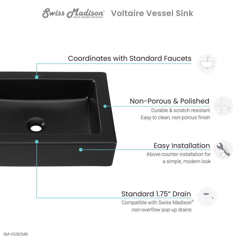 Voltaire Ceramic Rectangle Vessel Sink, Matte Black - Image 7