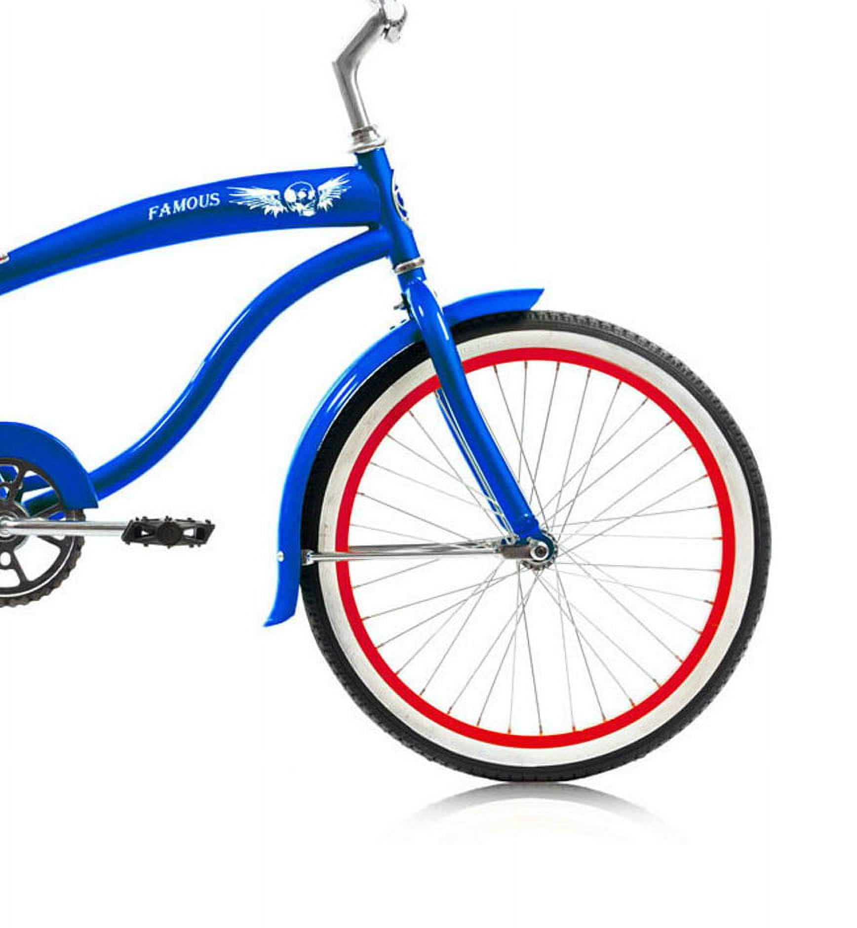 Wonder Wheels 20" Beach Cruiser Steel Frame Blue, Coaster Brake, Alloy Rims Red 36H, Stainless Steel Spokes, One Piece Crank, Tire White Wall, Seat & Grip Black, Fender Blue - Blue & Red - Image 5