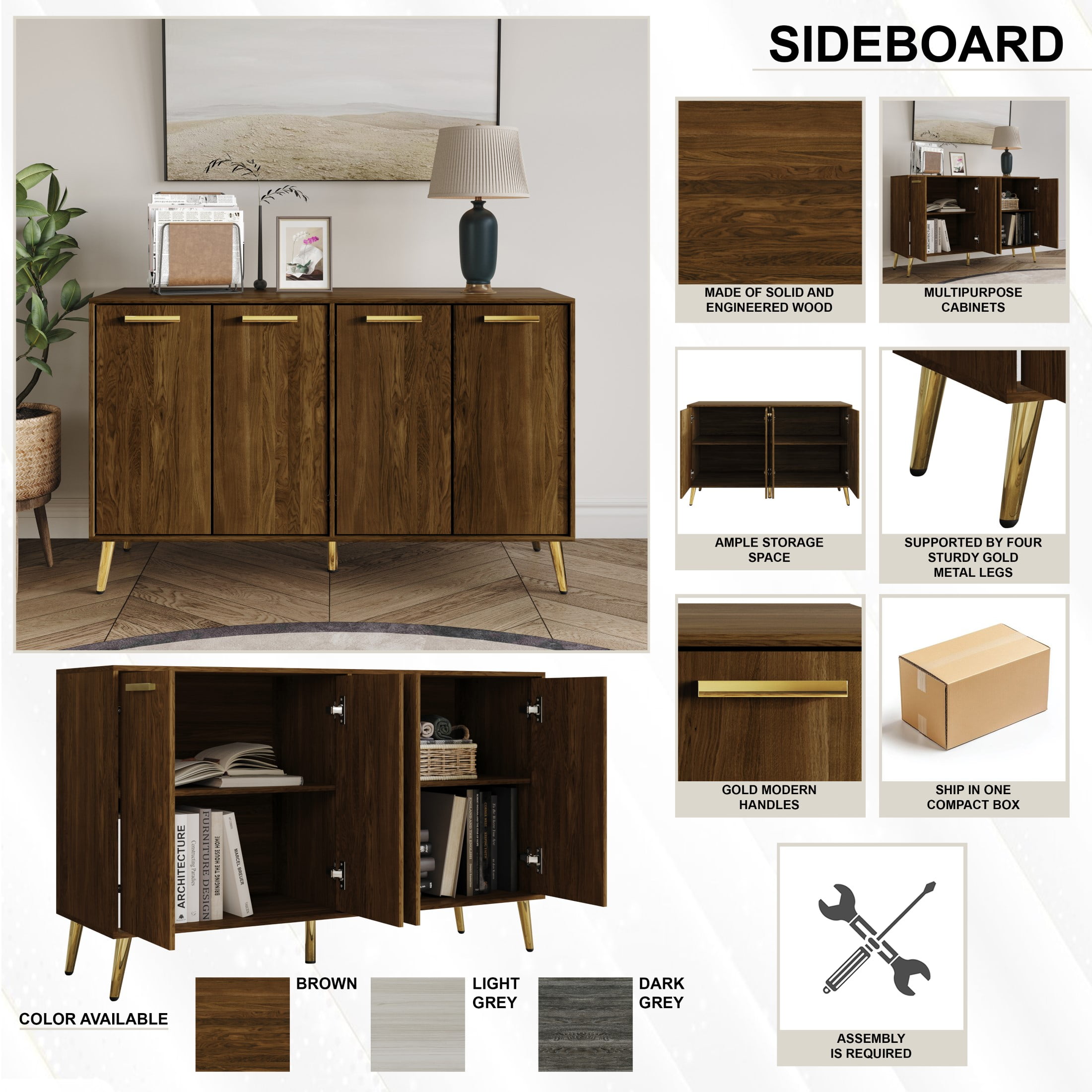 Castle Place Modern Sideboard Buffet Cabinet, Light Grey - Image 6