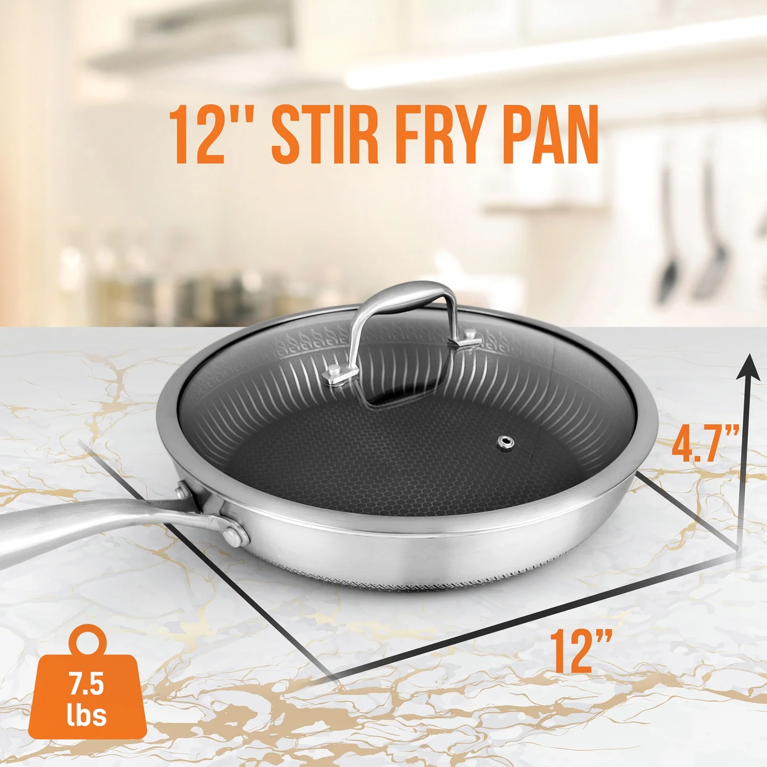 NutriChef NC3PL12 Nonstick Tri-Ply Stainless Steel Stir Fry Pan with Glass Lid, 12 inch - Image 5
