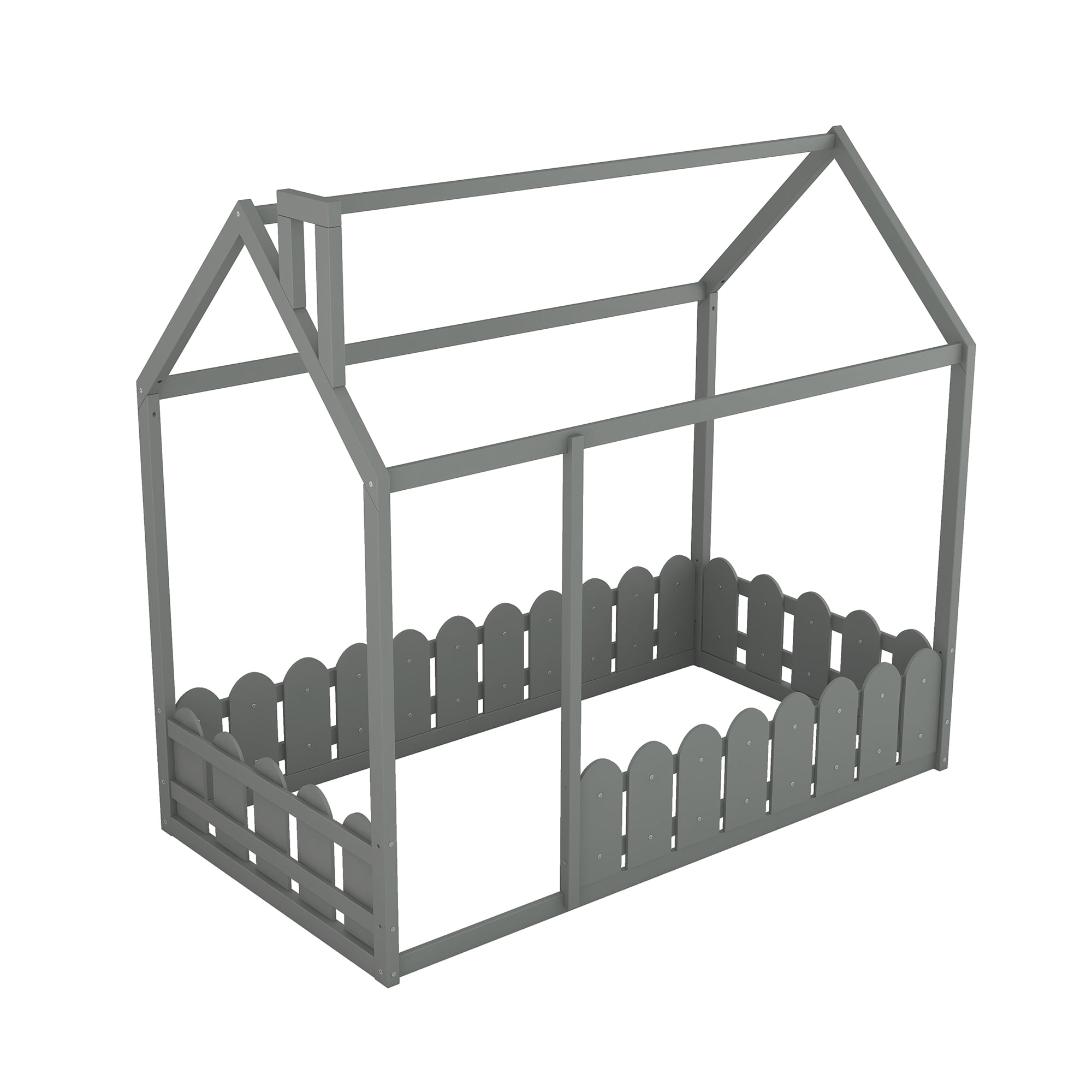 Aukfa House Bed for Kids, Wood Bed Frame with Roof and Fence, Twin Bed, Gray - Image 3