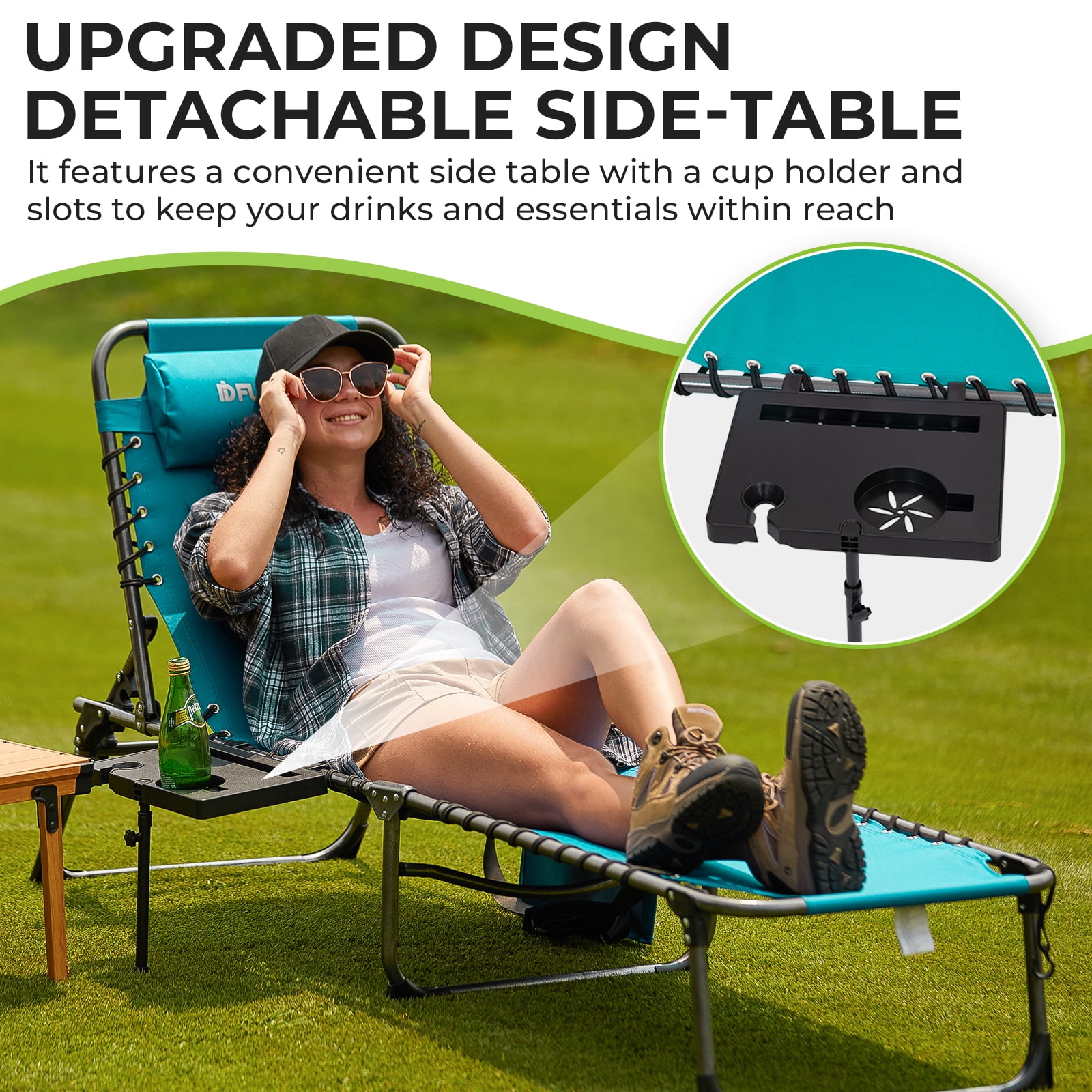 Fundango 2 Pack Folding Chaise Lounge Adjustable Lounge Chair Reclining Lawn Chair with Pillow for Beach Pool Patio Cyan - Image 6