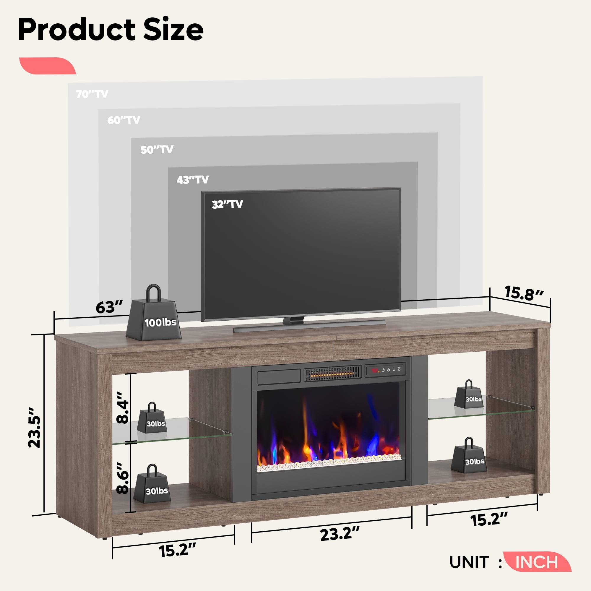Bestier Modern Electric 7 Color LED Fireplace TV Stand for TVs up to 70", Pine - Image 9