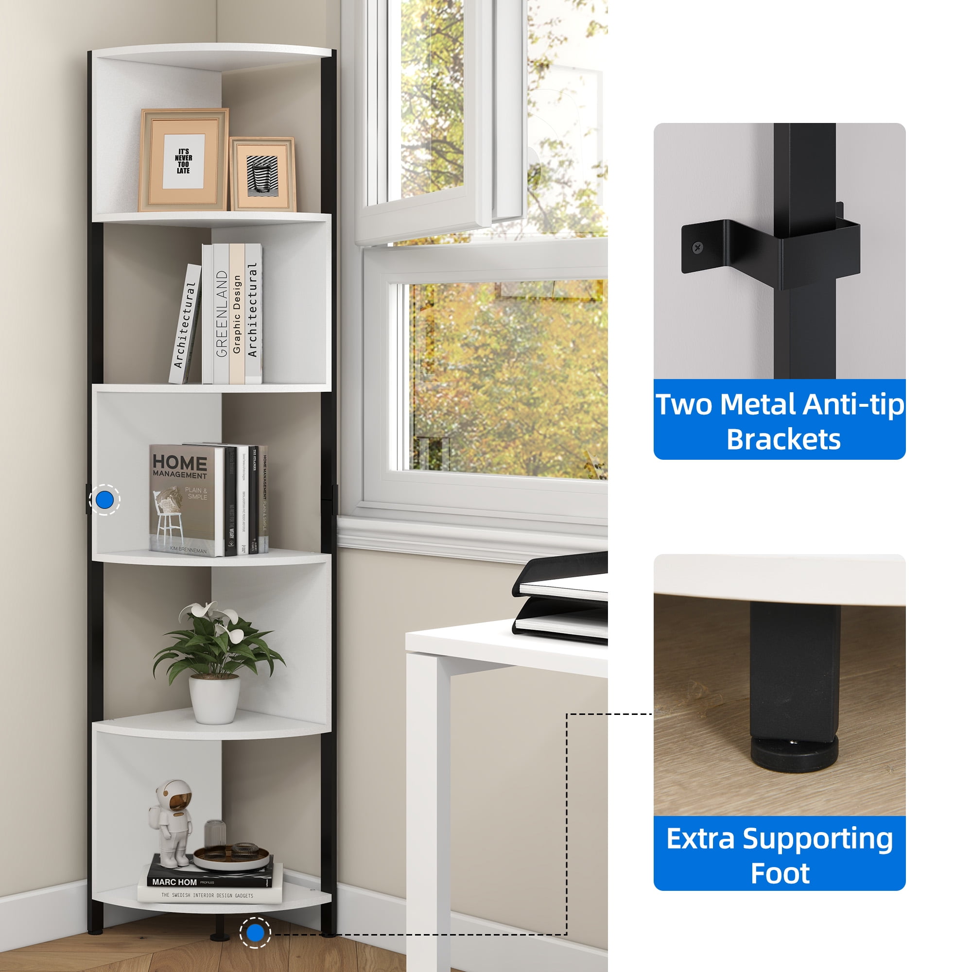 Dextrus 6-Tiers Corner Shelf, Narrow Open Shelf, Modern Corner Bookshelf & Bookcase, Corner Storage Rack Plant Stand for Home Office, White - Image 5