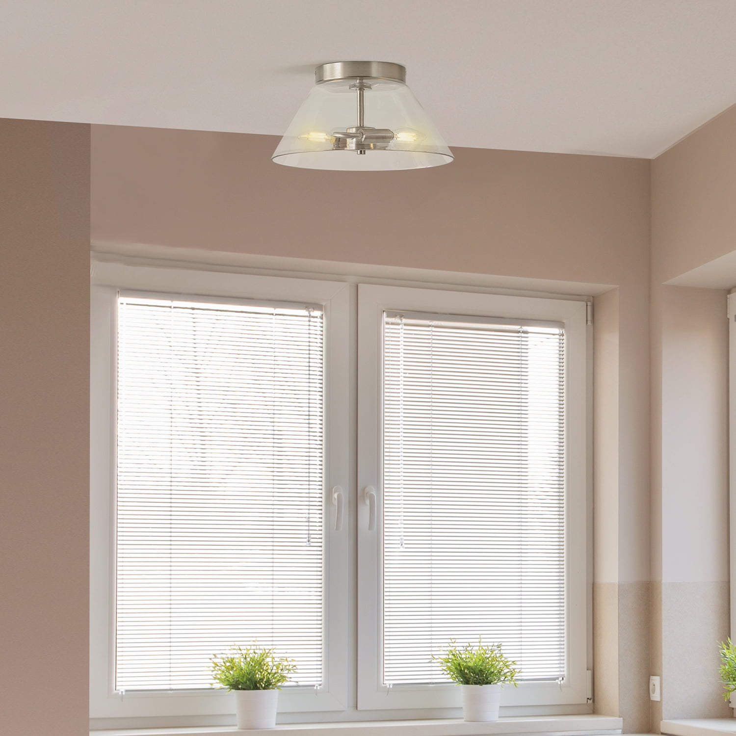 2-Light Satin Nickel Flush Mount Ceiling Light with Glass Shade - Image 4