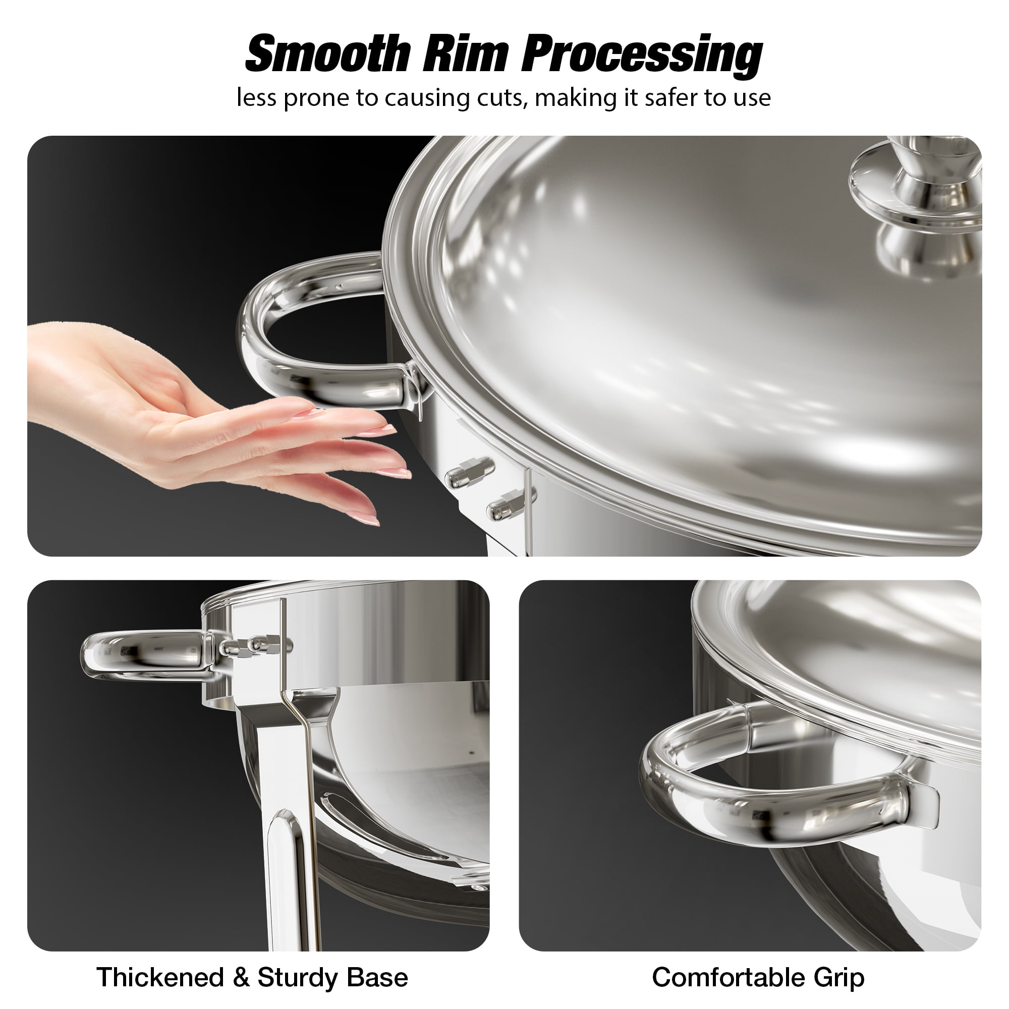 WARMOUNTS Round Chafing Dish Buffet Set 4 Pack, 5QT Polished Stainless Steel Chafing Dish, Buffet Servers and Warmers Set with Lid & Holder for Party, No Finger Cuts - Image 11