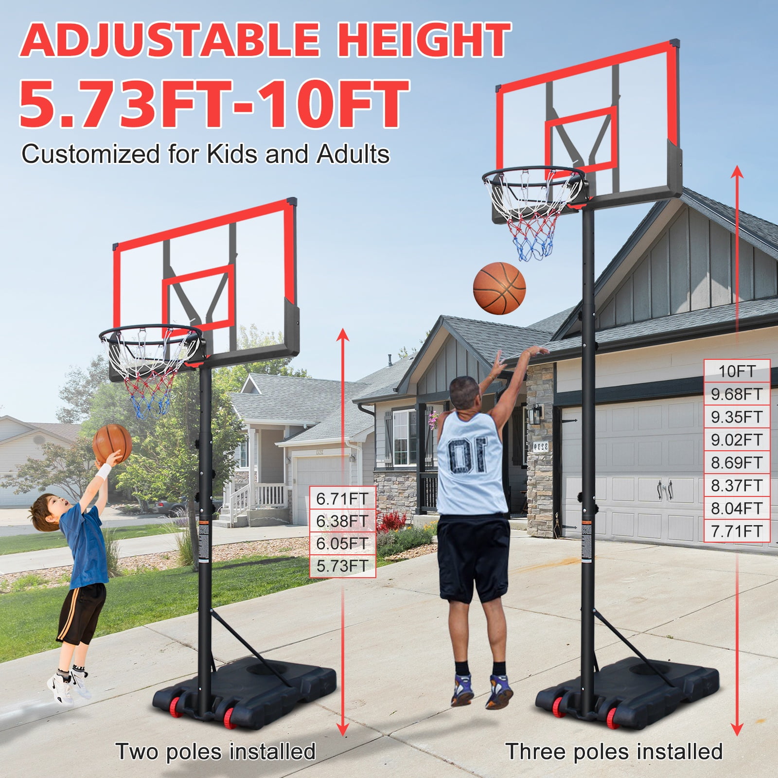 44" Portable Kids Basketball Hoop Stand, SEGMART 5.73FT - 10FT Height Adjustable Basketball Hoop Goal System with Shatterproof Backboard, Fillable Base for Poolside Indoor Outdoor - Image 4