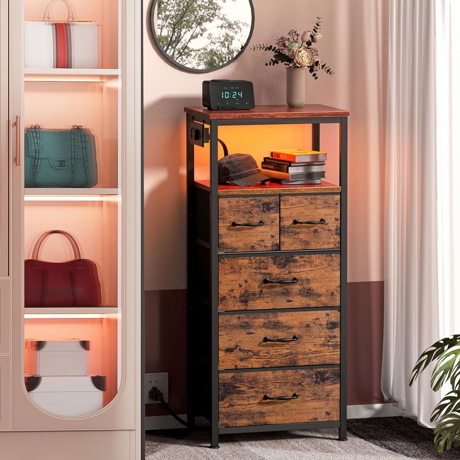 Furologee Vertical Storage Dresser with 5 Drawers & Shelves for Bedroom, Living Room, Nightstand with Charging Station & Led Lights for Adult, Rustic Brown - Image 14