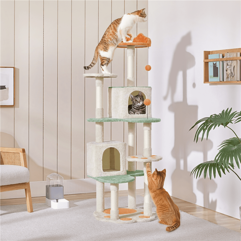 Alden Design 65″ Tall Cat Tree Paw-Shaped Play Tower for Small/Medium Cats, Beige - Image 7