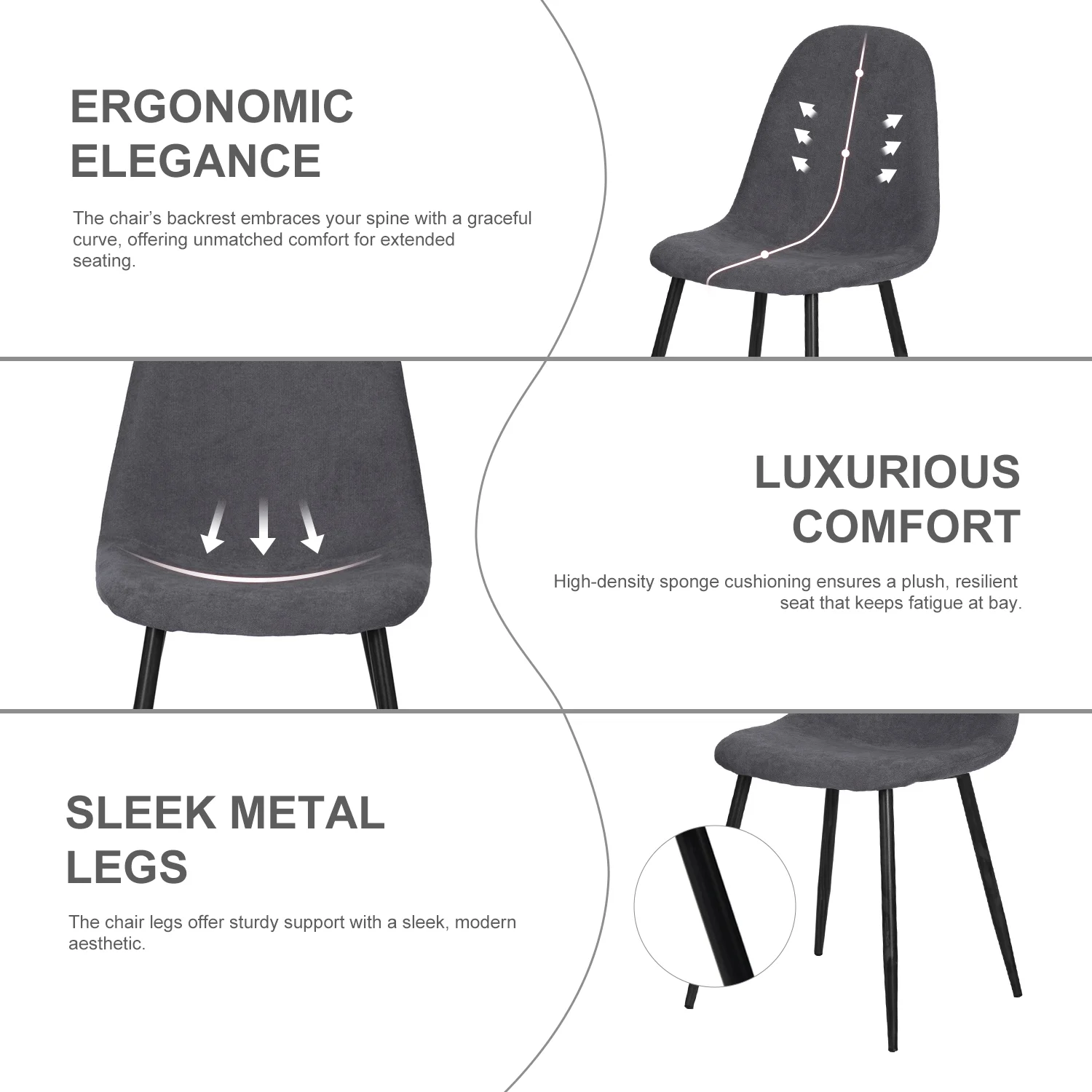 Homy Casa Dining Chairs Set of 4, Fabric Kitchen Chairs with Metal Legs for Living Room, Grey - Image 10