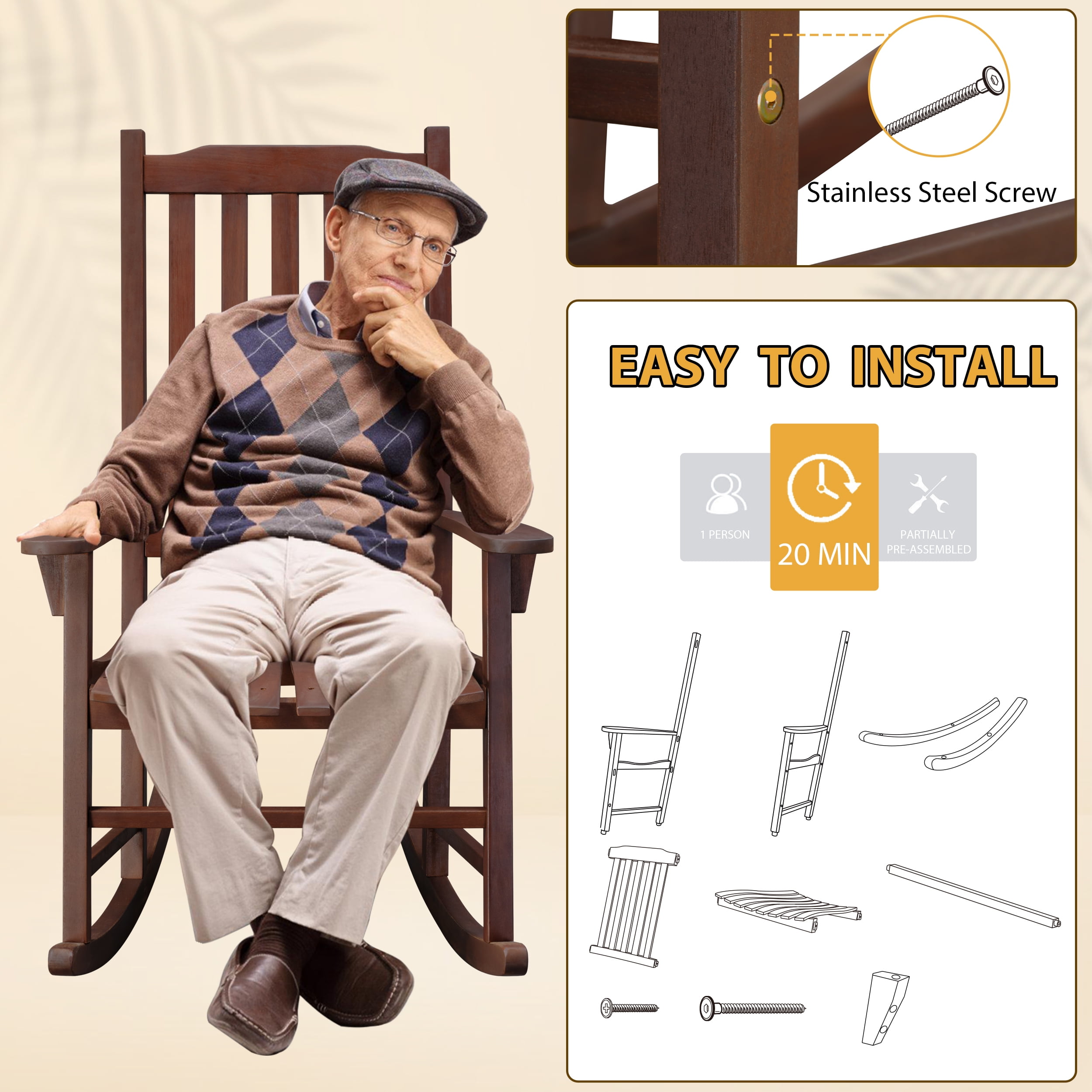 TrumanPick Outdoor Rocking Chair Wooden Porch Rocker for Adults Weather Resistant Finish, 25"W x 33"D x 45"H Brown-1Pack - Image 8