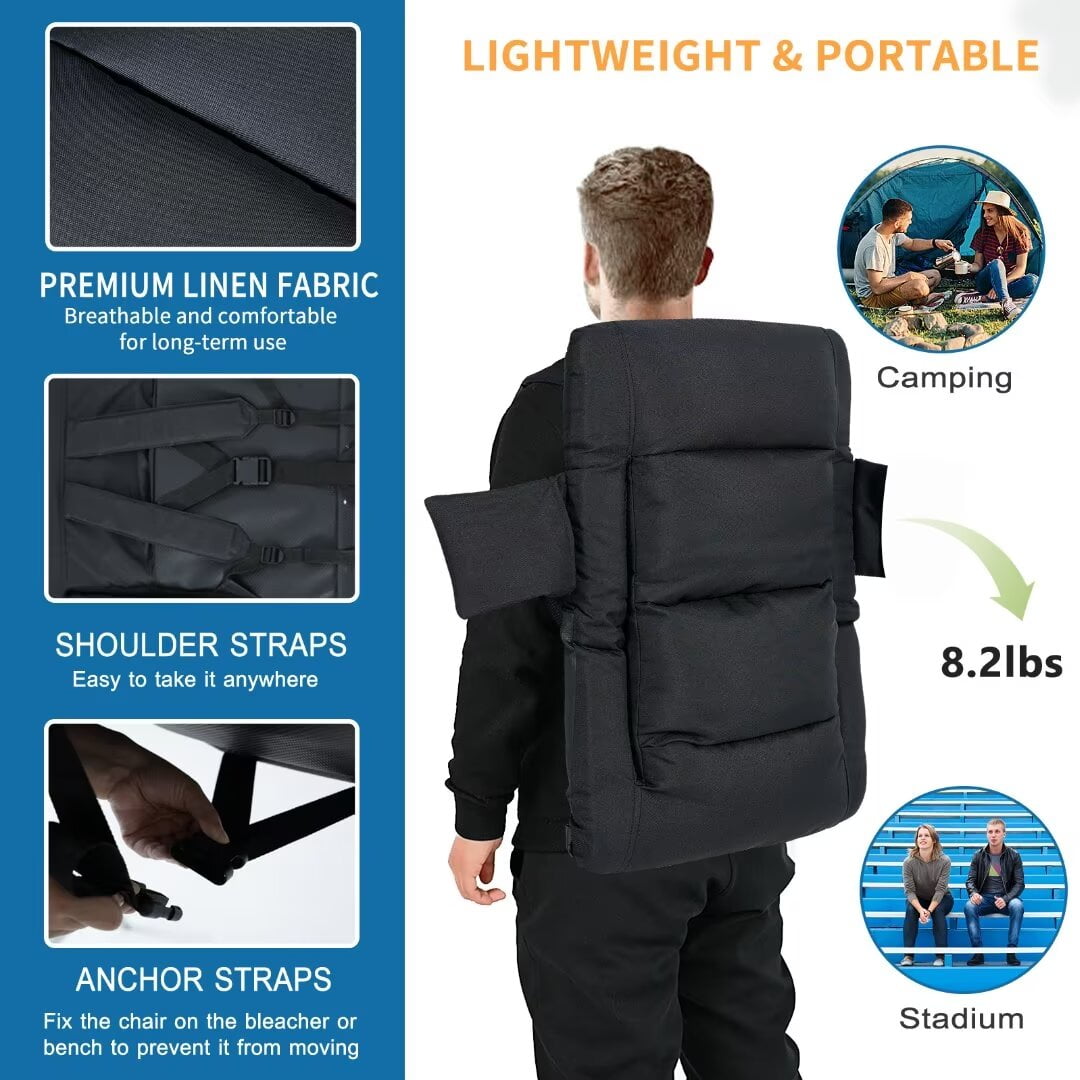 Docred Update Large Size Stadium Seat Chair for Bleacher ,Foldable with Padded Back Support,6 Reclining Positions,Black - Image 3