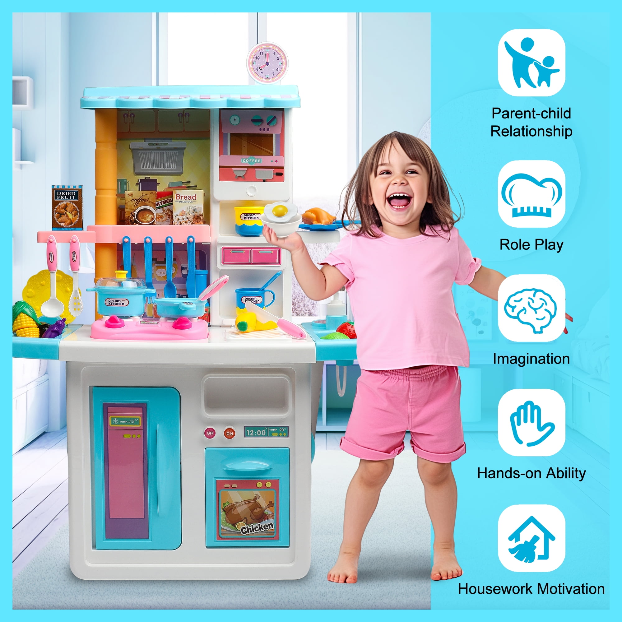 Hot Bee Blue 34 inch Toy Kitchen Sets for Girls Boys, Pretend Play Kitchen Accessories Sets w/ Realistic Cooking Sounds&Lights, Christmas Gifts Toys for Kids 3 4-8 - Image 5