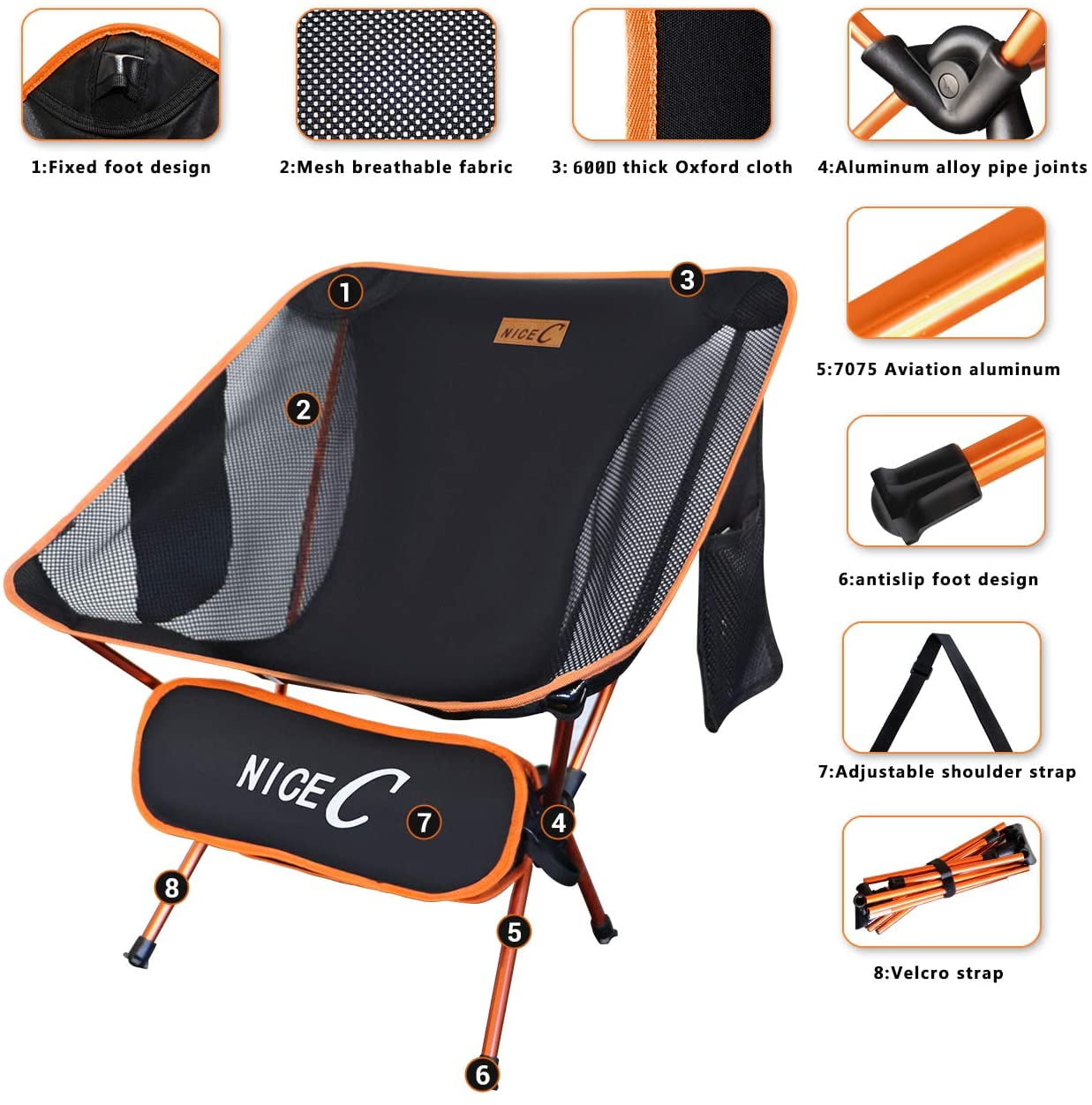 NiceC Aluminum Polyester Folding Chair (1 Pack), Orange - Image 6