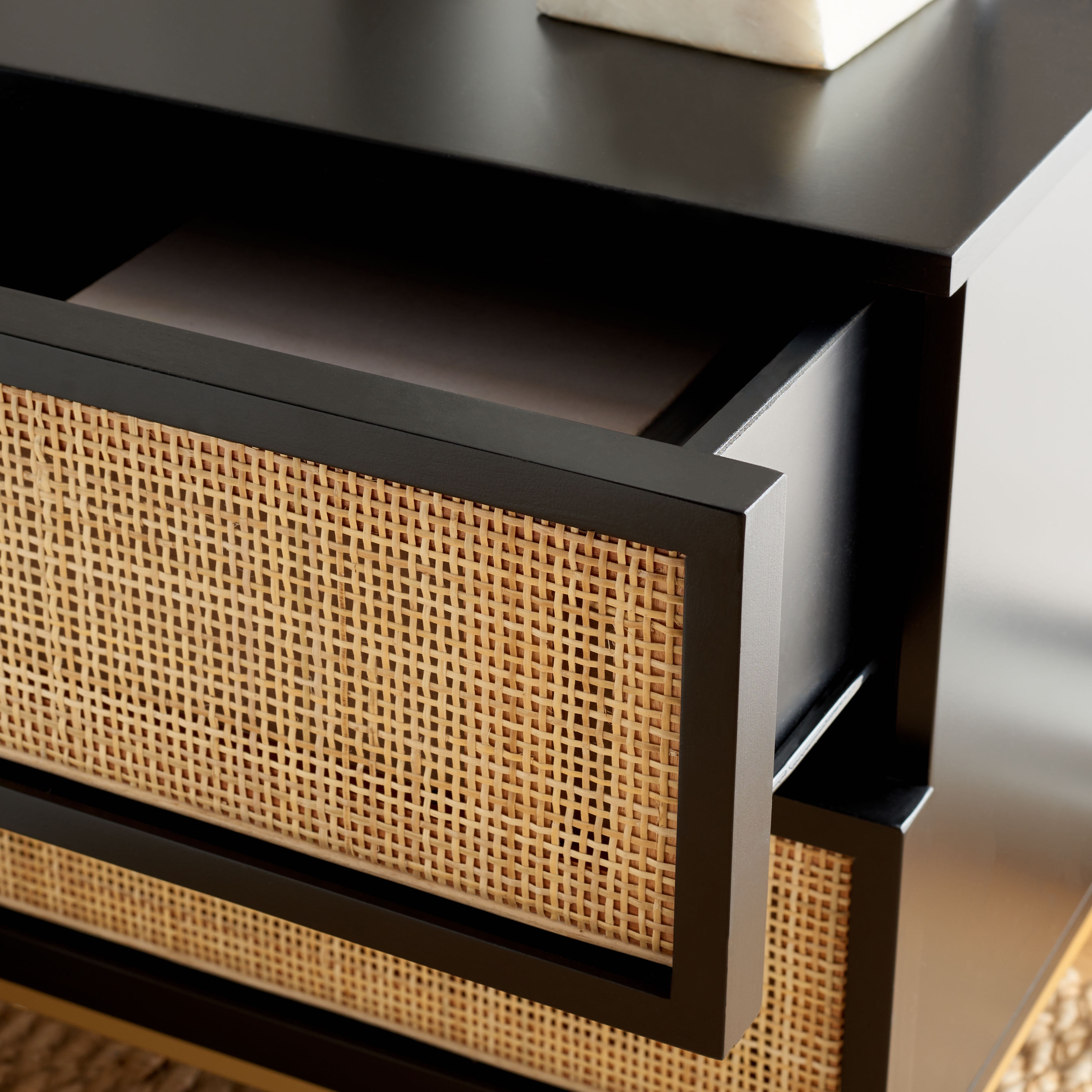 SAFAVIEH Zadie 2 Drawer Rattan Nightstand, Black w/ Natural Rattan/Gold Legs - Image 3