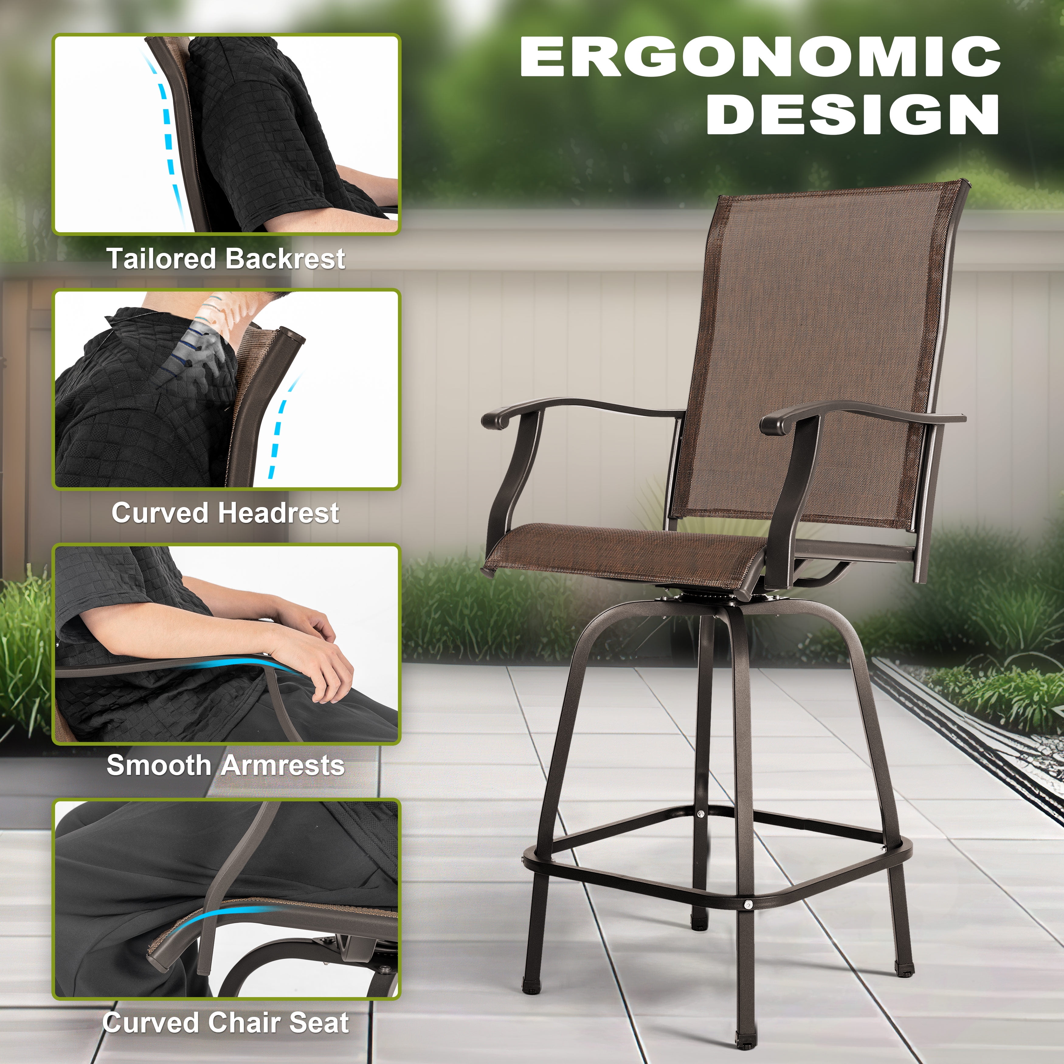 Nuu Garden Outdoor Patio Swivel Bar Stool Set, 2 Piece Seating Iron Bar Height Outdoor High Chairs with Armrests and Footrest, All-Weather Textilene, Brown - Image 8
