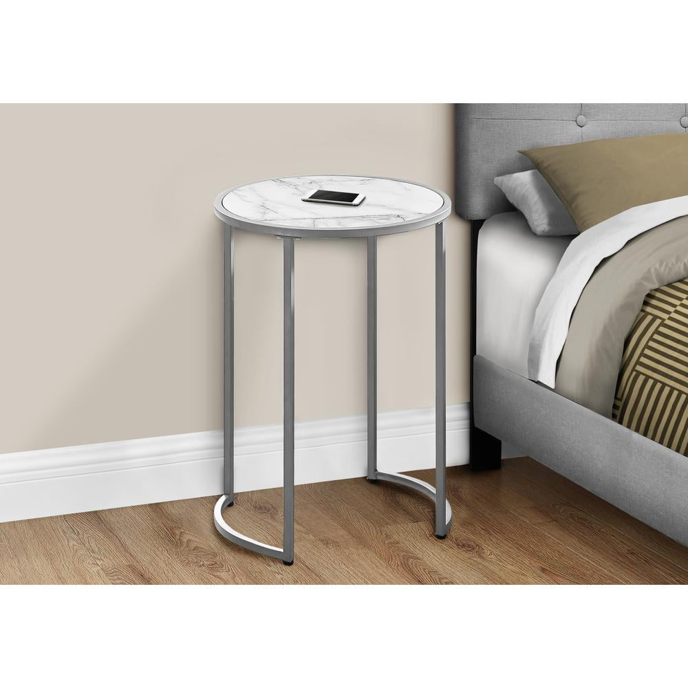 Accent Table Side Round End Lamp Bedroom Metal White Marble Look - Image 3
