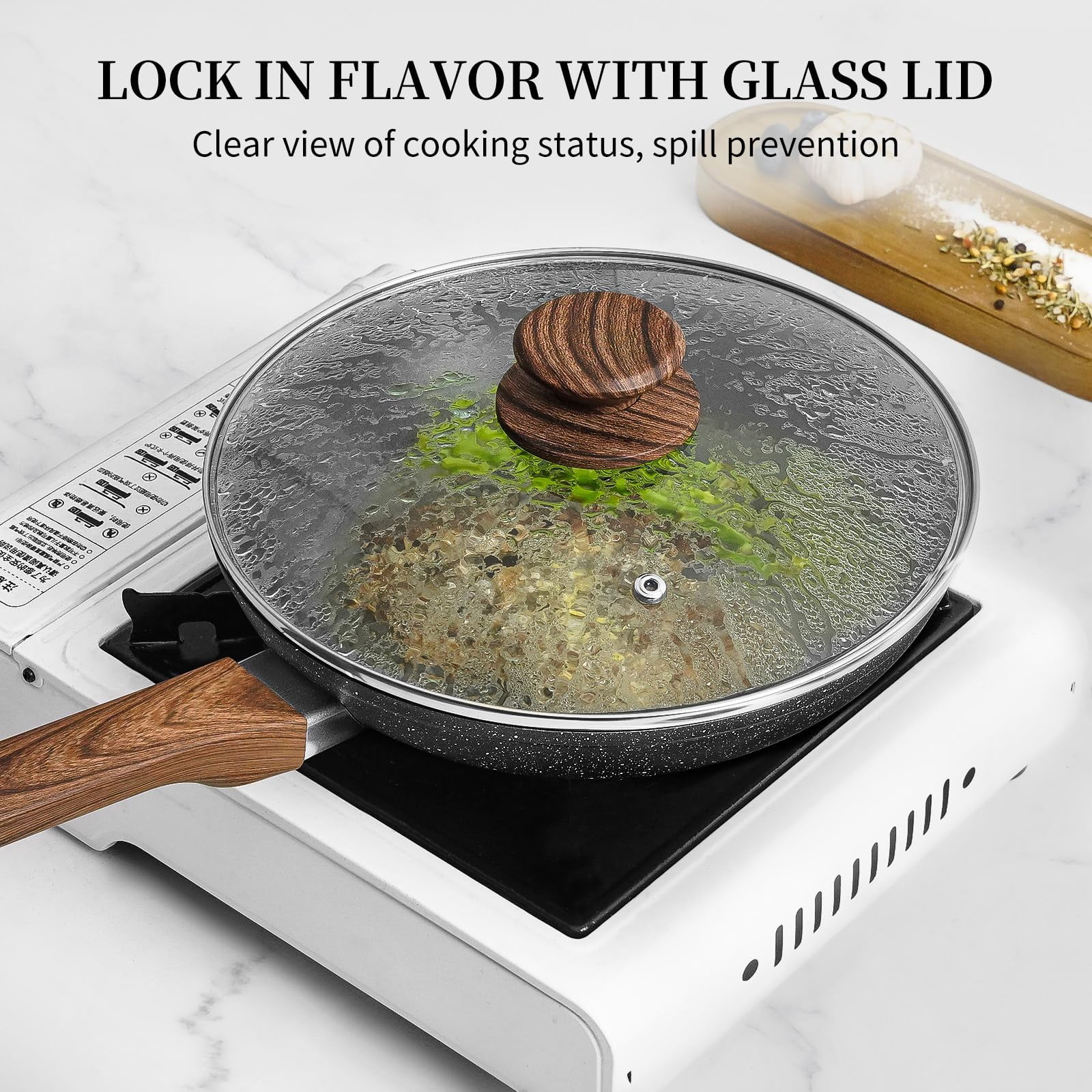 Innerwell 8" 9.5" and 11" Black Nonstick Frying Pan Set with Lid Non Toxic Cooking Kitchen Set Induction Skillets - Image 4