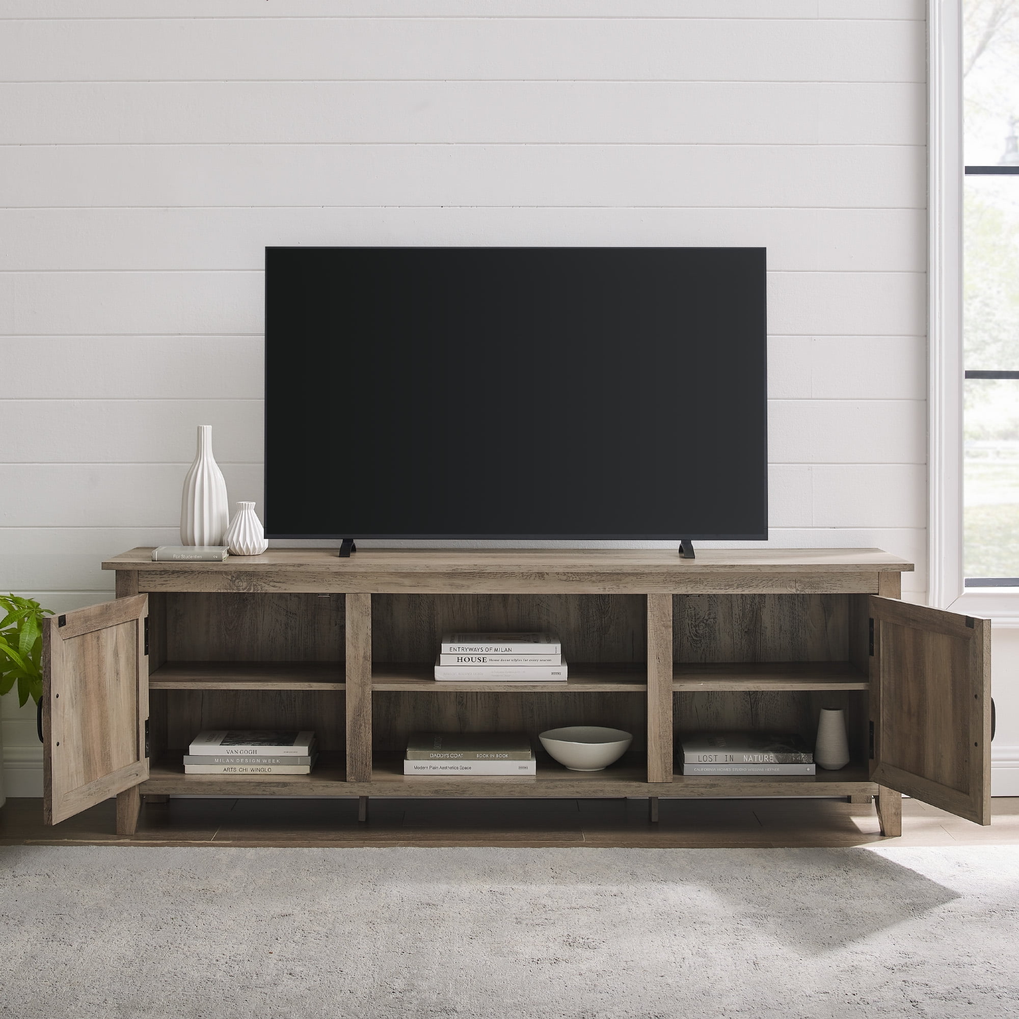 Walker Edison Farmhouse Grooved Door TV Stand for TVs up to 80", Grey Wash - Image 6