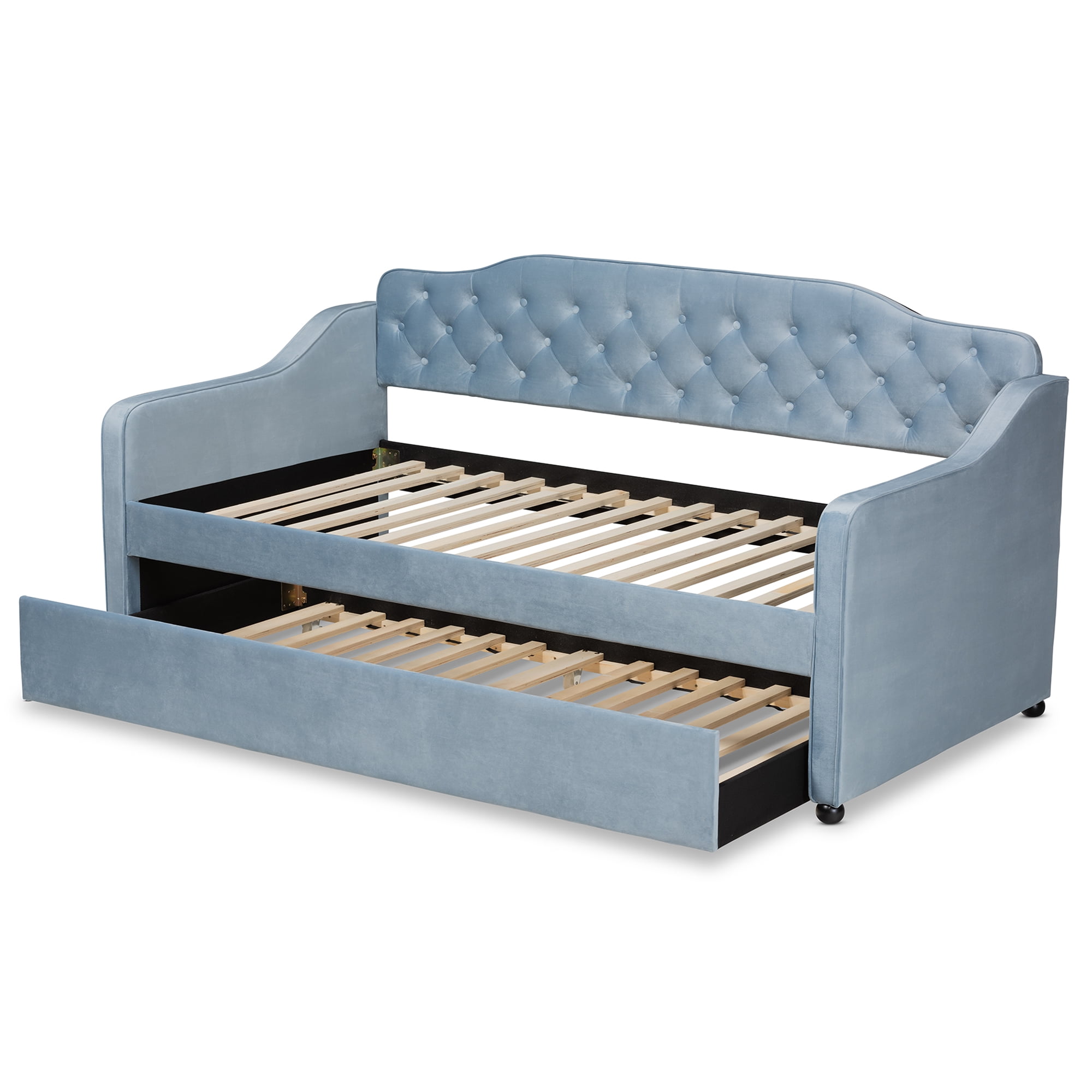 Baxton Studio Freda Transitional and Contemporary Light Blue Velvet Upholstered and Button Tufted Twin Size Daybed with Trundle - Image 4