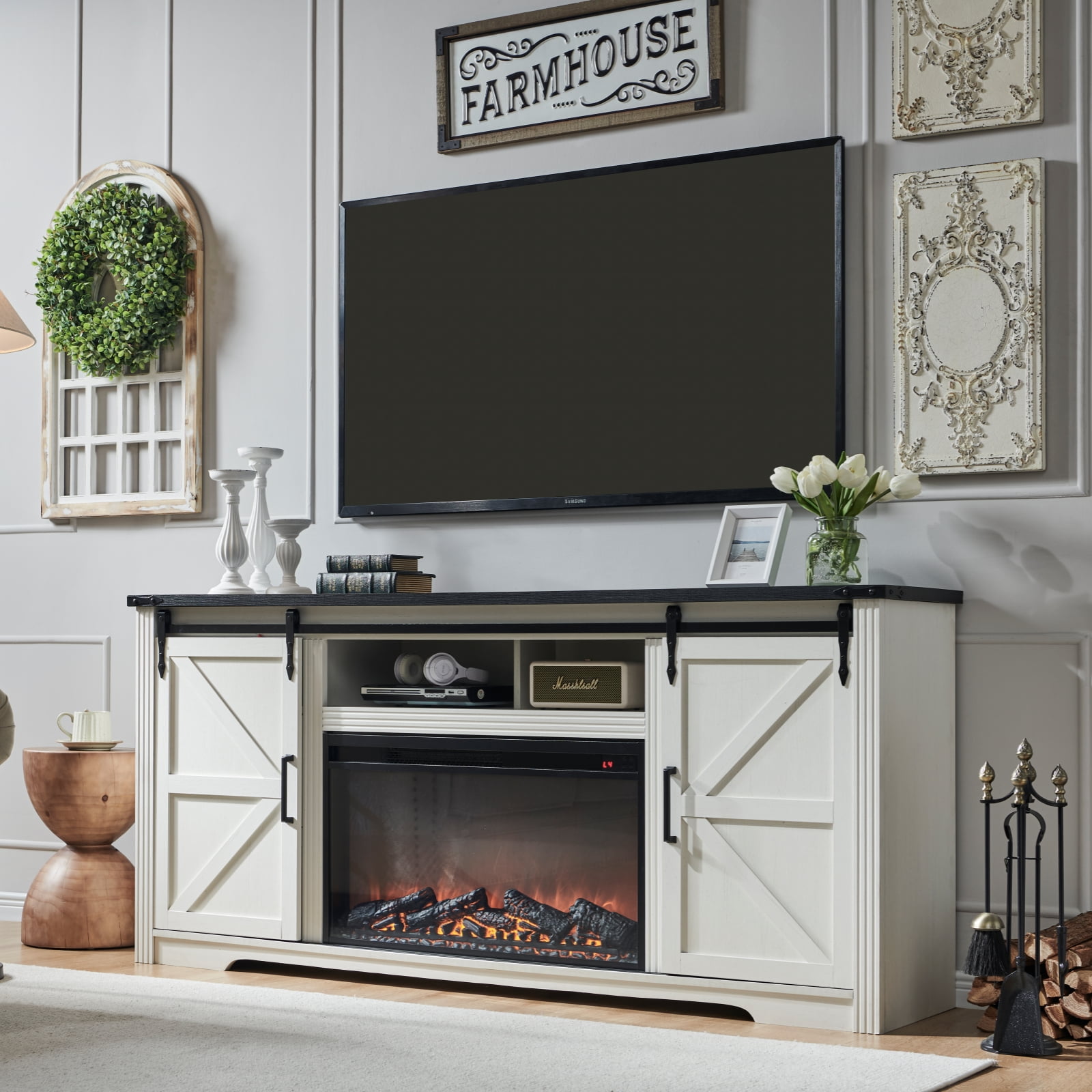 T4TREAM Farmhouse TV Stand for TVs up to 80", Entertainment Center with 30" Electric Fireplace and Sliding Barn Door&4 Drawers Storage Inside, Off White - Image 2