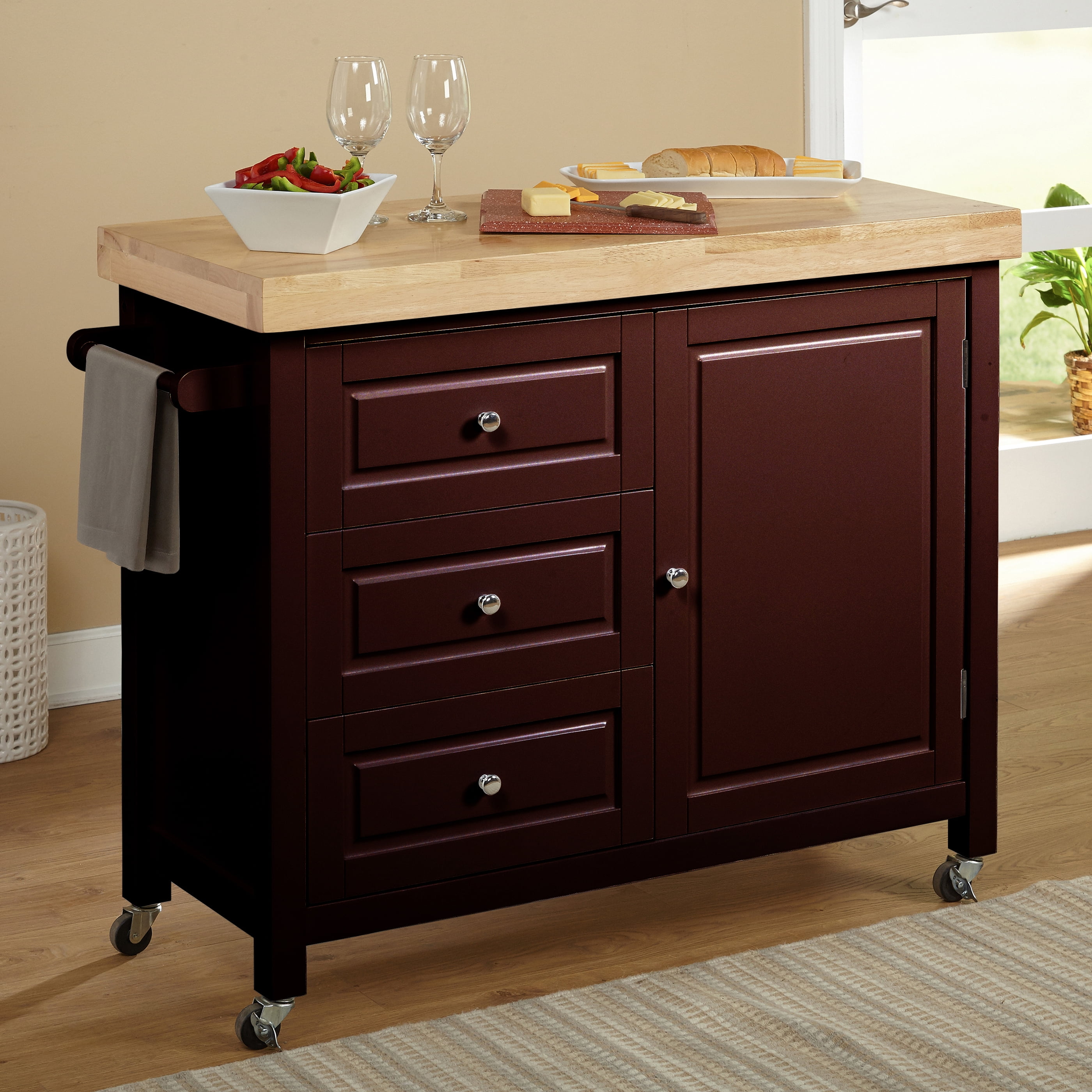 TMS Monterey Butcher Block Rolling Kitchen Island with Drawers, Cabinet, and Towel Rack, Espresso - Image 3