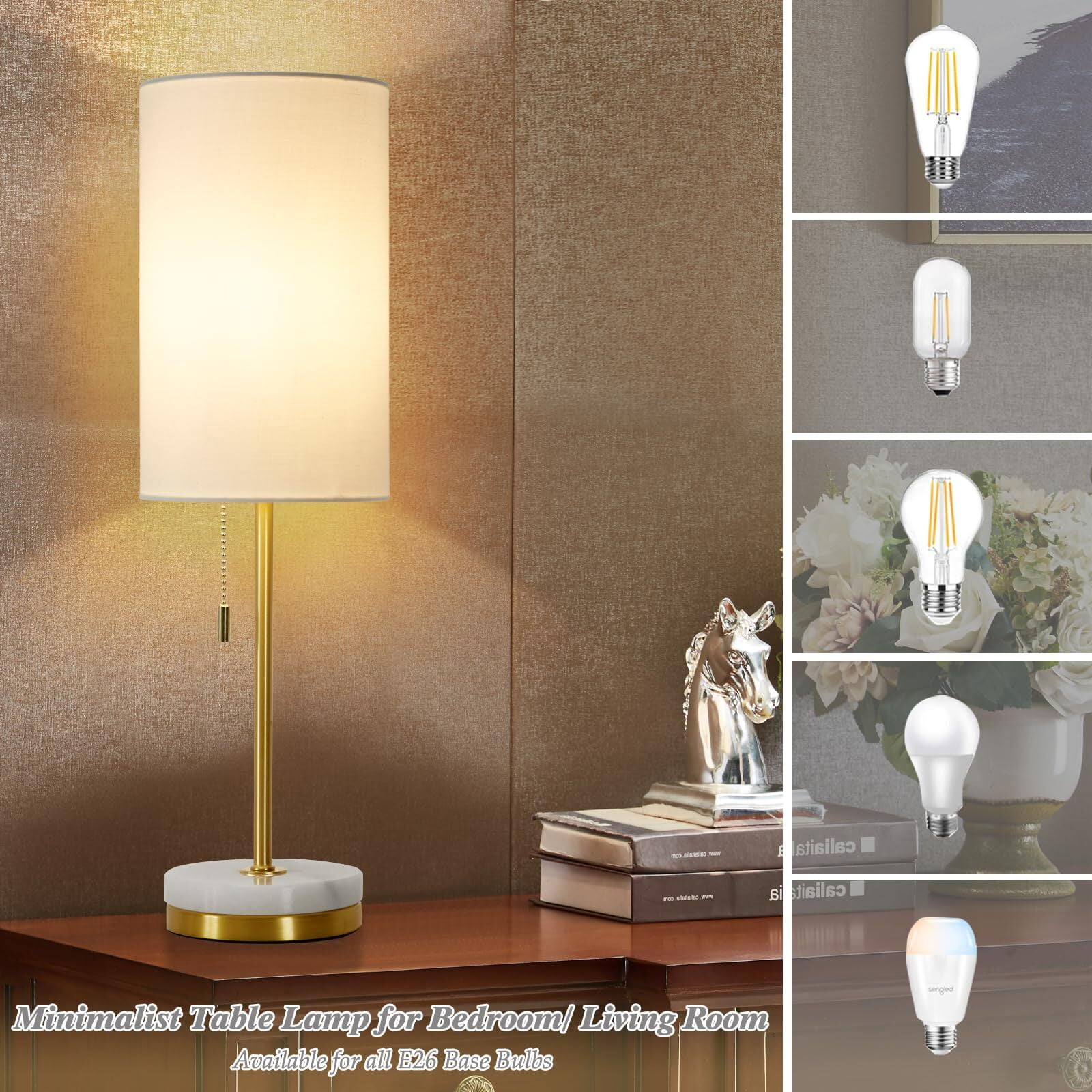 NATYSWAN Minimalist Table Lamp Set of 2, Nightstand Lamp for Bedroom Living Room, Modern Pull Chain Bedside Lamp with Marble Base, Fabric Shade, Small Desk Lamp for Home, Office, Reading - Image 7