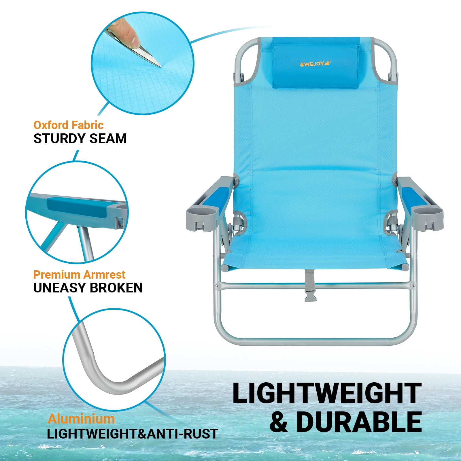 #WEJOY Folding Low Beach Chair, 5-Position Reclining Camping Chair, Portable Backpack Chairs, Backpack Beach Chairs for Adults with Cup Holder and Head Pillow, Supports up to 300 lbs - Image 5