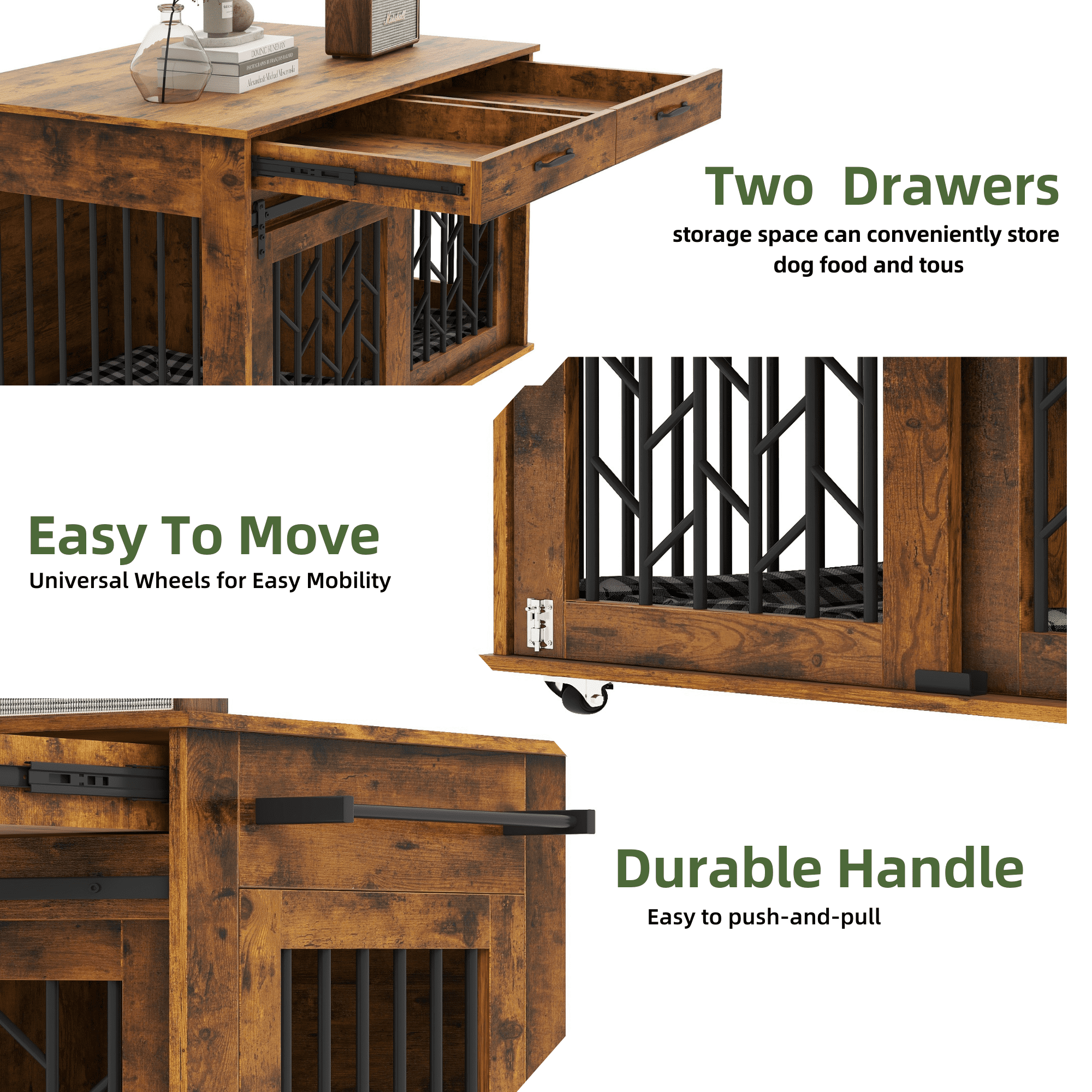 Uforic 39 in Dog Crate Furniture,Dual-Door Dog Kennel Indoor with Drawer & Wheels,Wooden Dog Crate House for S/M/L Size Dogs, End Table,39.3"L x 25.1"W x 31.8"H,Rustic Brown - Image 2