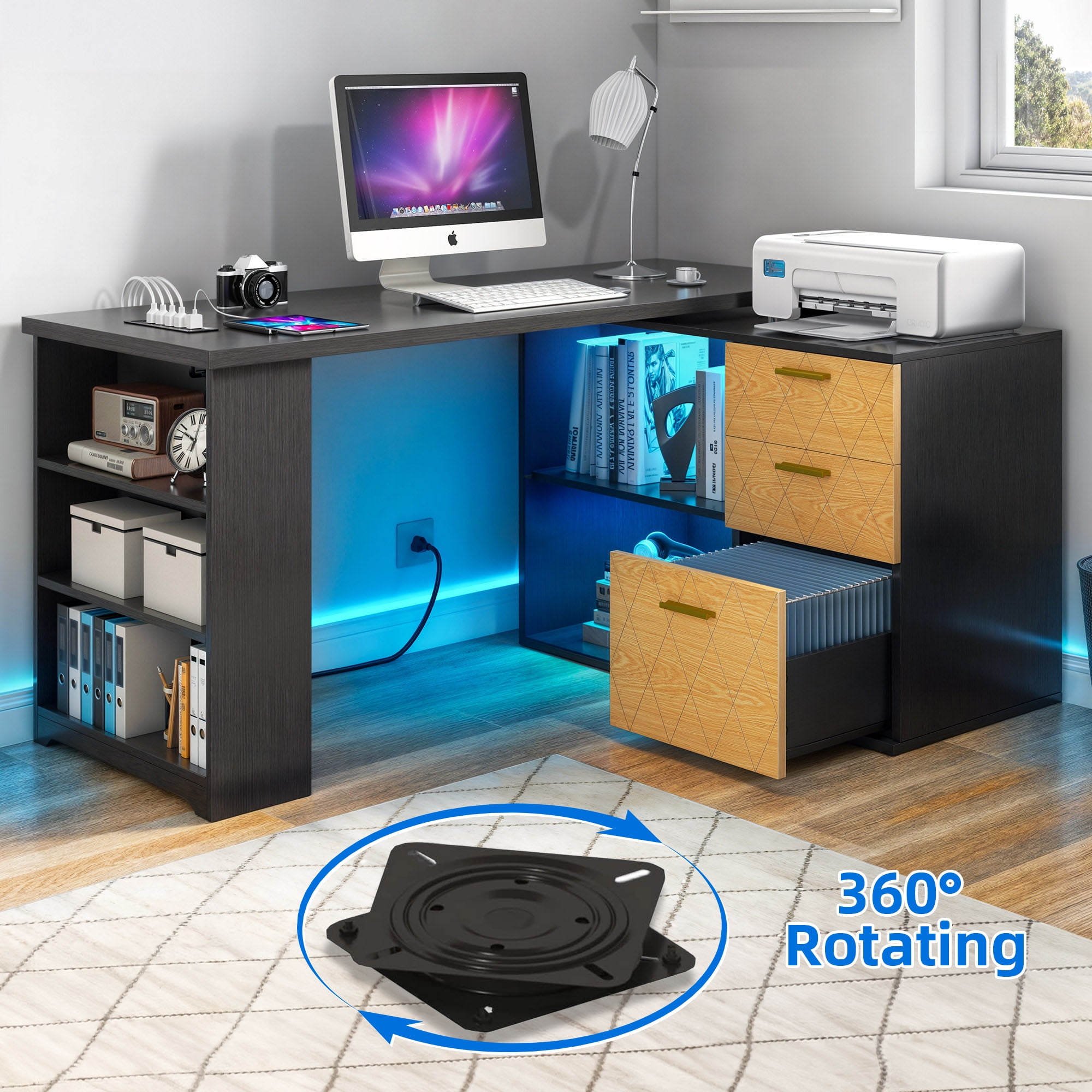 Dextrus L Shaped Desk with LED Light & Power Outlets, 59 inch Reversible Computer Desk with File Cabinet & Storage Shelves, Executive Desk Office Desk Writing Desk for Home Office, Black - Image 2