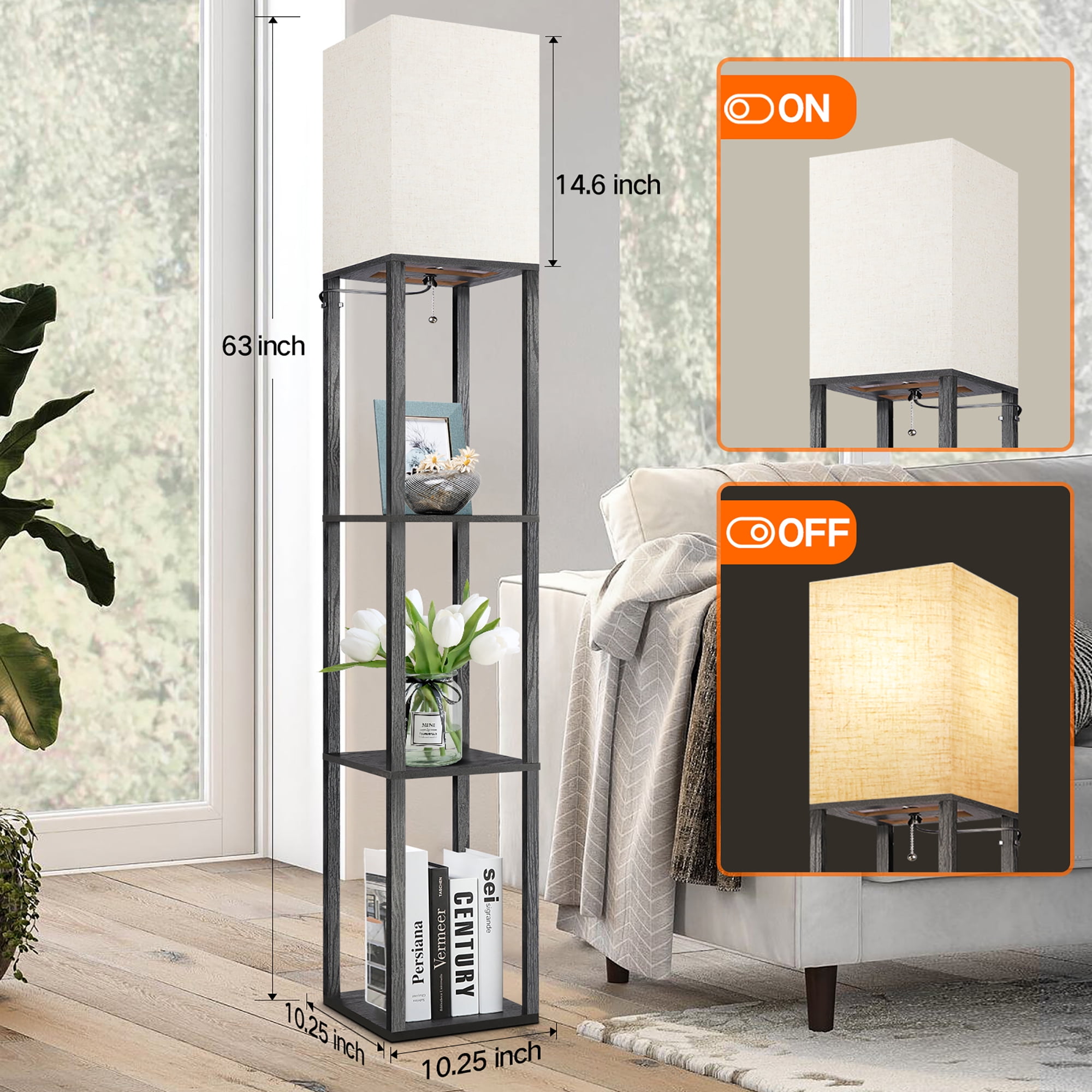 OUTON 63" Floor Lamp with Shelves, Modern Dimmable Standing Lamps with Remote Control for Living Room, Bedroom, Black - Image 4