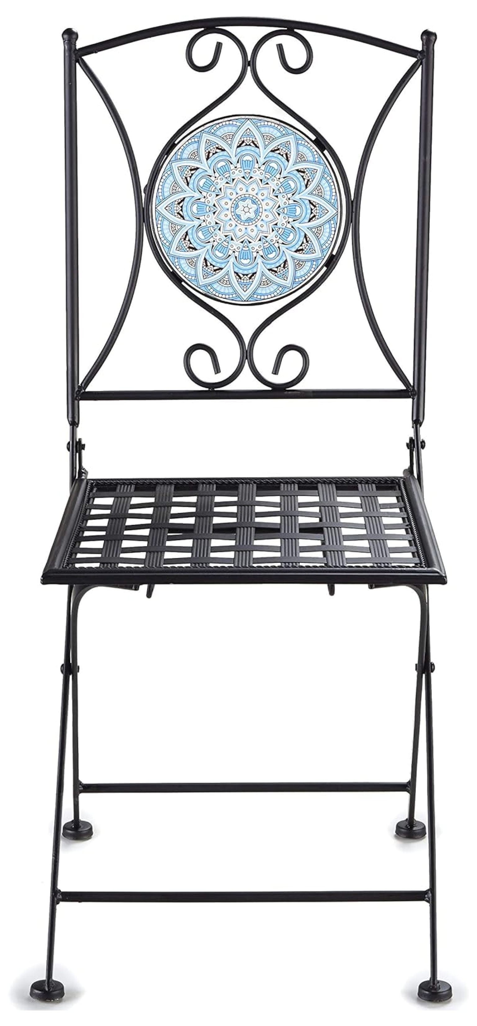 Metal Folding Patio Chair with Decorative Tile Mosaic - Black - Image 4