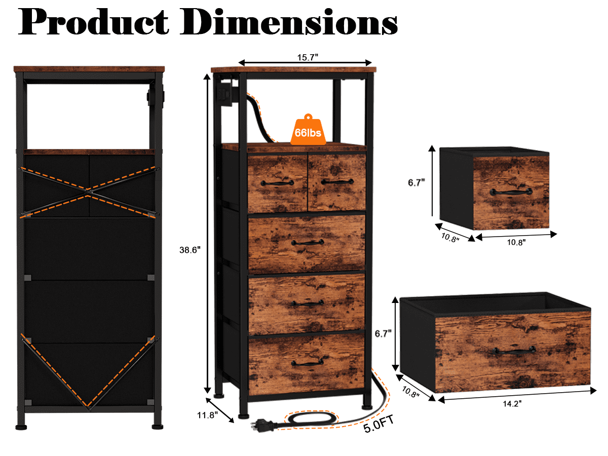 Furologee Vertical Storage Dresser with 5 Drawers & Shelves for Bedroom, Living Room, Nightstand with Charging Station & Led Lights for Adult, Rustic Brown - Image 5