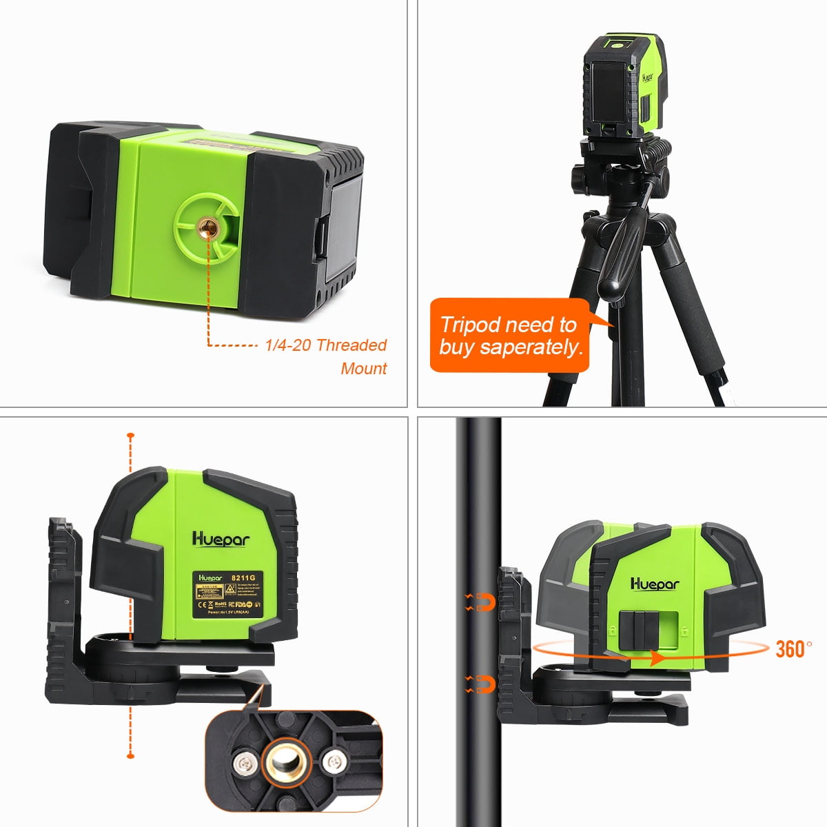 Huepar Cross Line Laser Level Green Beam Self-Leveling Laser Leveler Tools with 2 Plumb Dots 8211G - Image 3