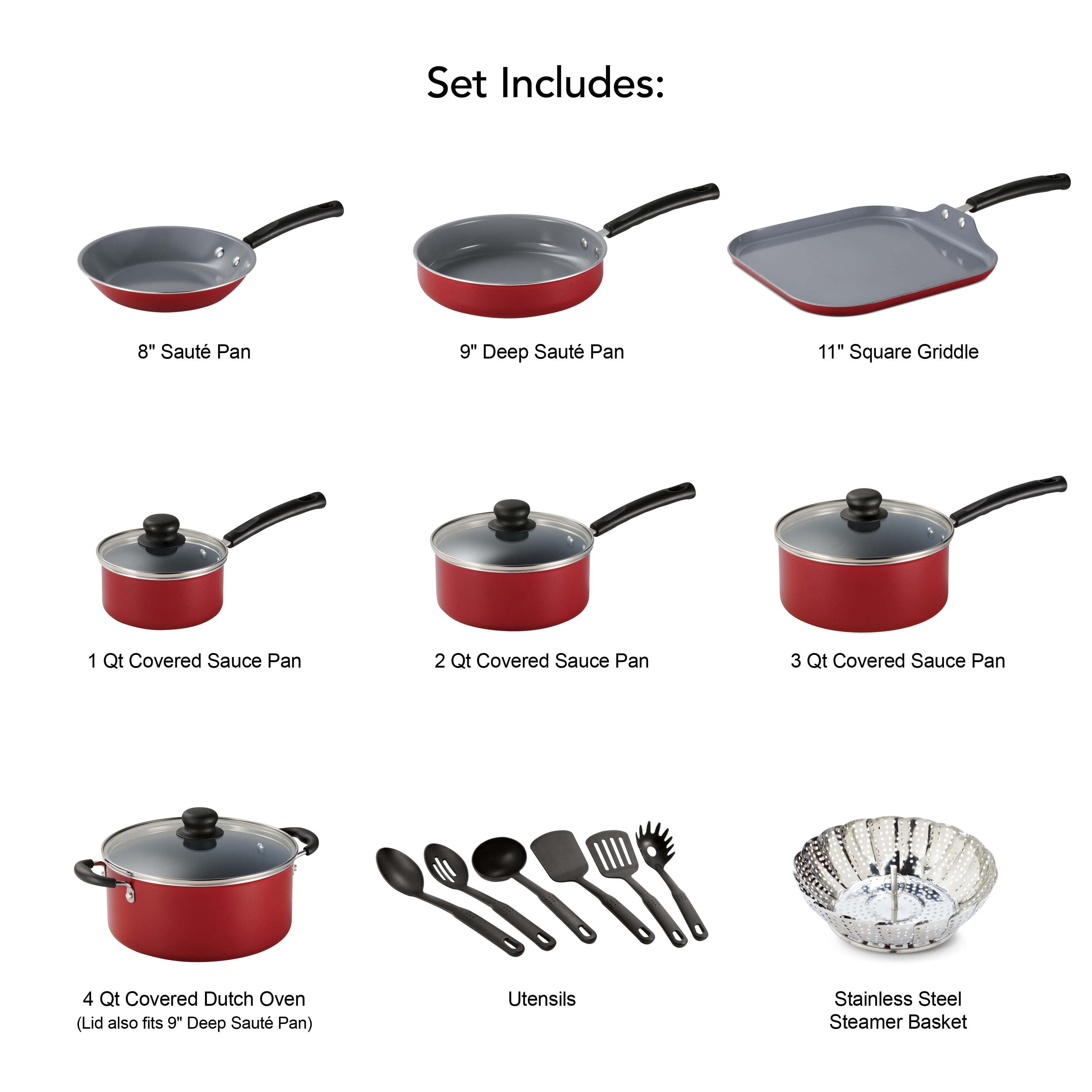 Tramontina Primaware 18 Piece CERAMIC Cookware Set, Red - Image 2