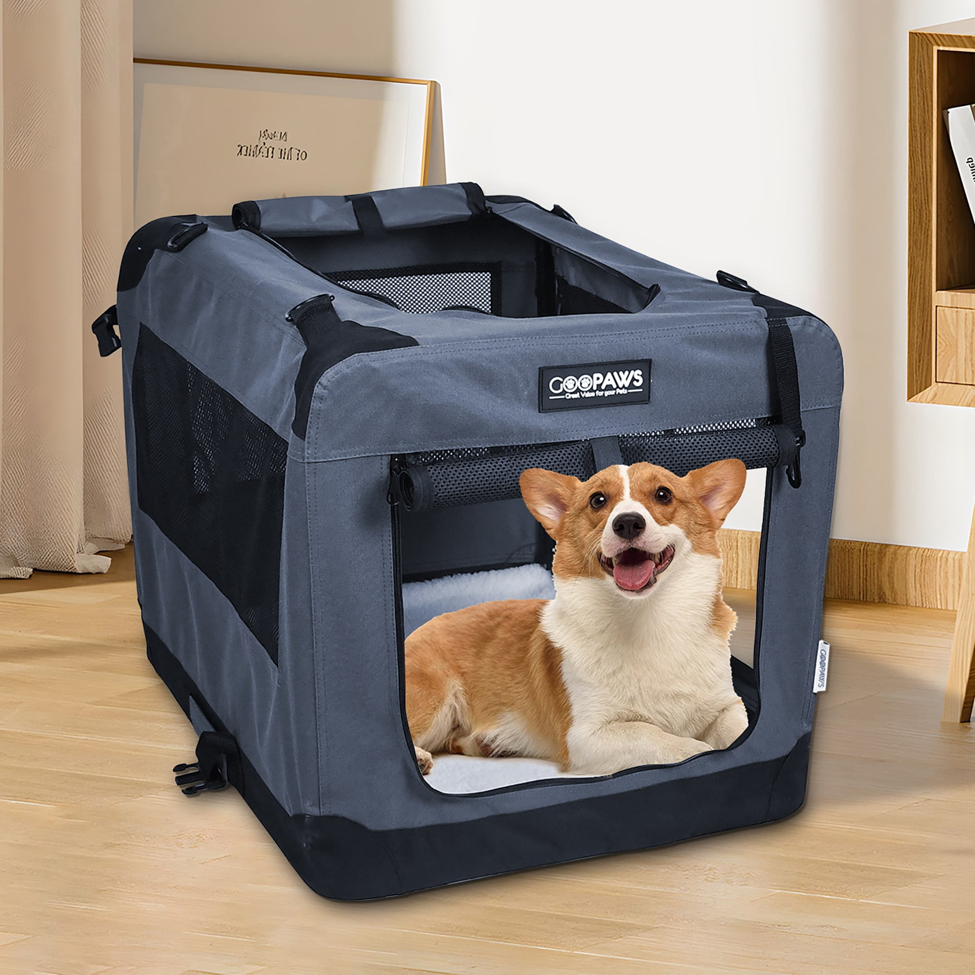 JESPET & GOOPAWS: 27" Soft Pet Crate - Grey - Dogs & Cats Up to 35 lbs, 3 Door Folding Kennel, Indoor Outdoor Travel Carrier, Mesh Windows, Fleece Mat - Image 3