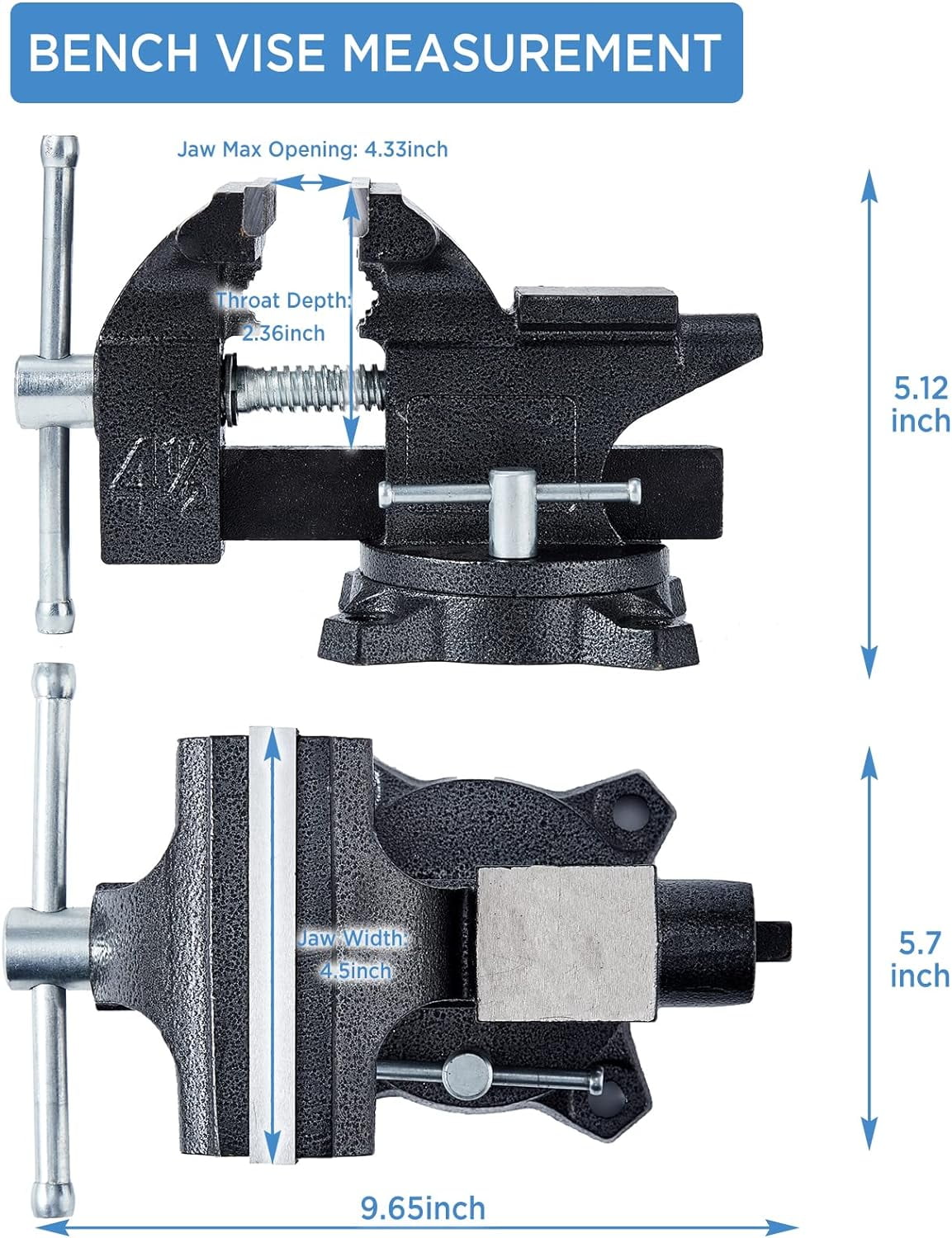 Gloppers Black Bench Vises, 4-1/2"Jaw Width with Swivel Base Table Vise Clamps - Image 7