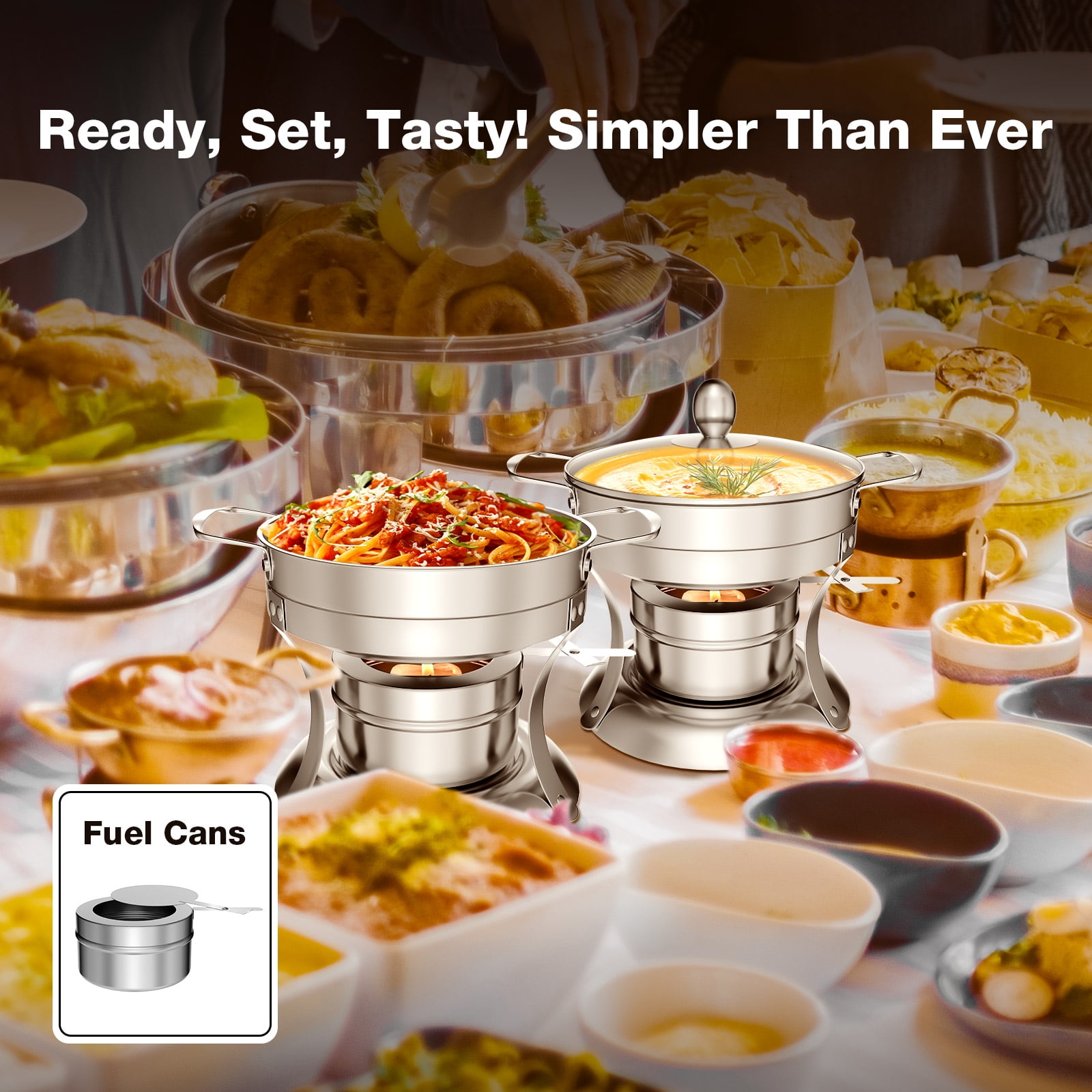 WARMOUNTS Chafing Dish Buffet Set, 4 Pack 1-Quart Round Buffet Chafe Warmer Set, 410 Stainless Steel Chafing Dish Buffet Food Warmer with Glass Lid & Holder - Image 6