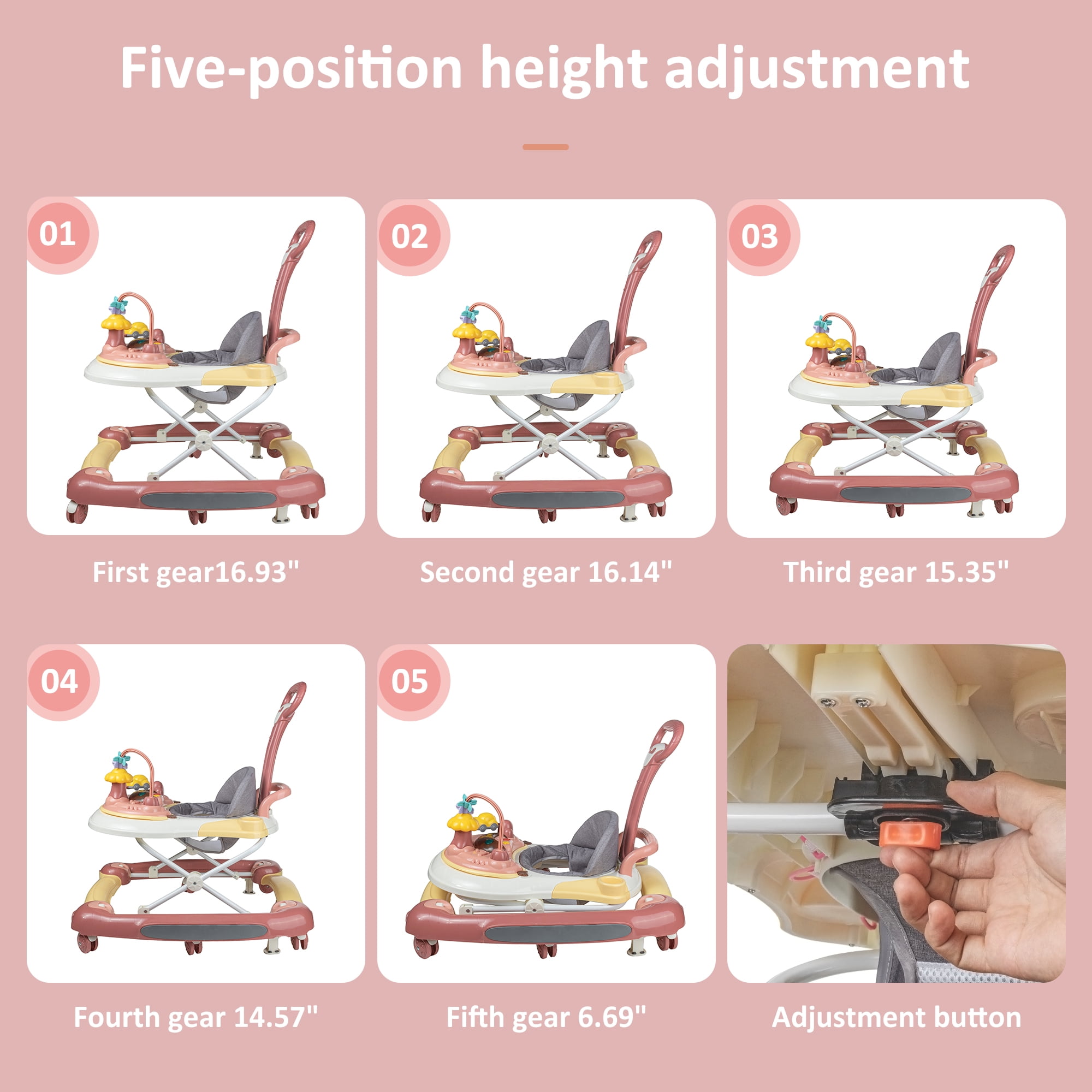 Jonster Baby Walker, 4 in 1 Foldable Walkers with Wheels & Removable Feeding & Music Tray, Activity Center for Baby Boys / Girls, Pink - Image 7