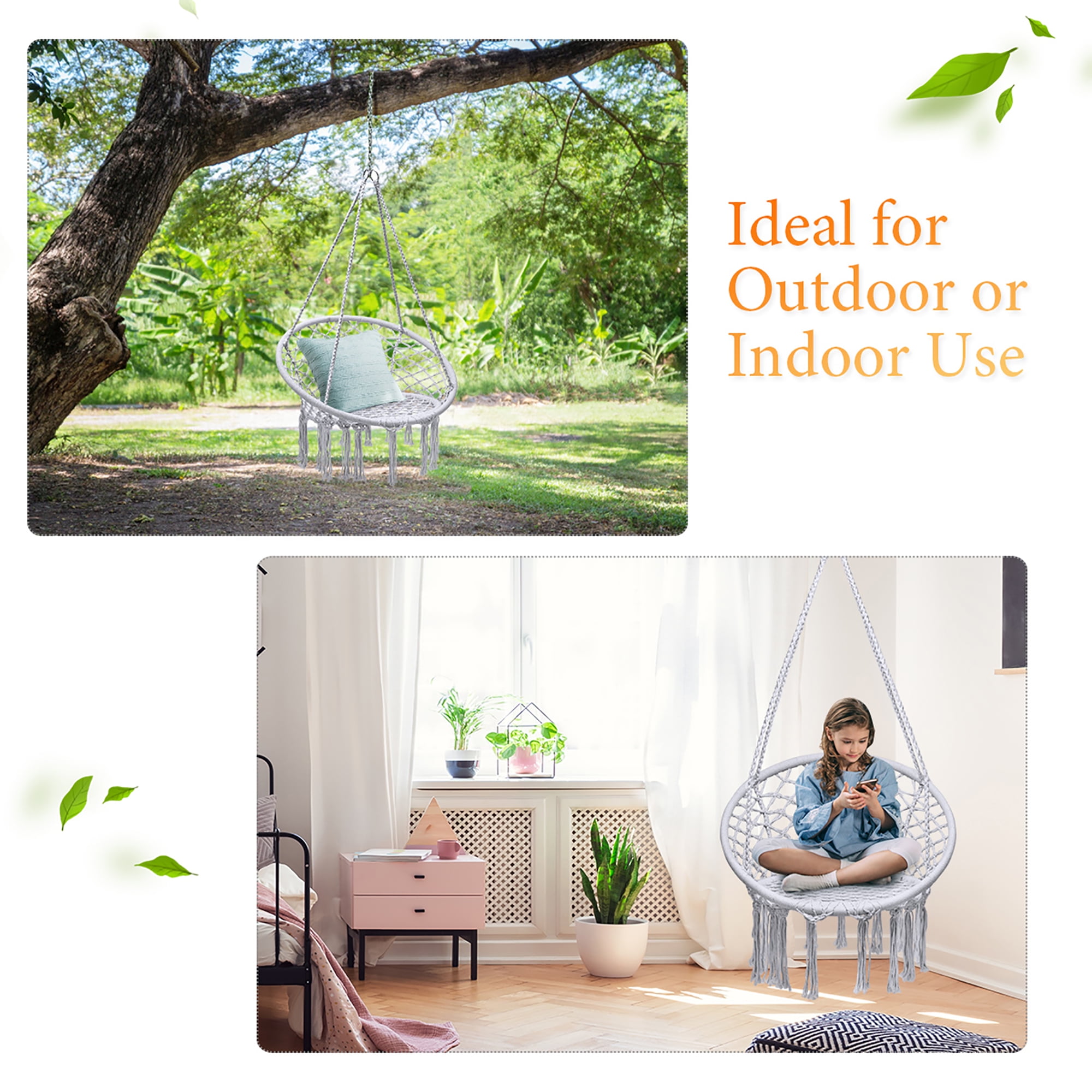 Costway Hanging Hammock Chair Macrame Swing Handwoven Cotton Backrest Garden Grey - Image 4