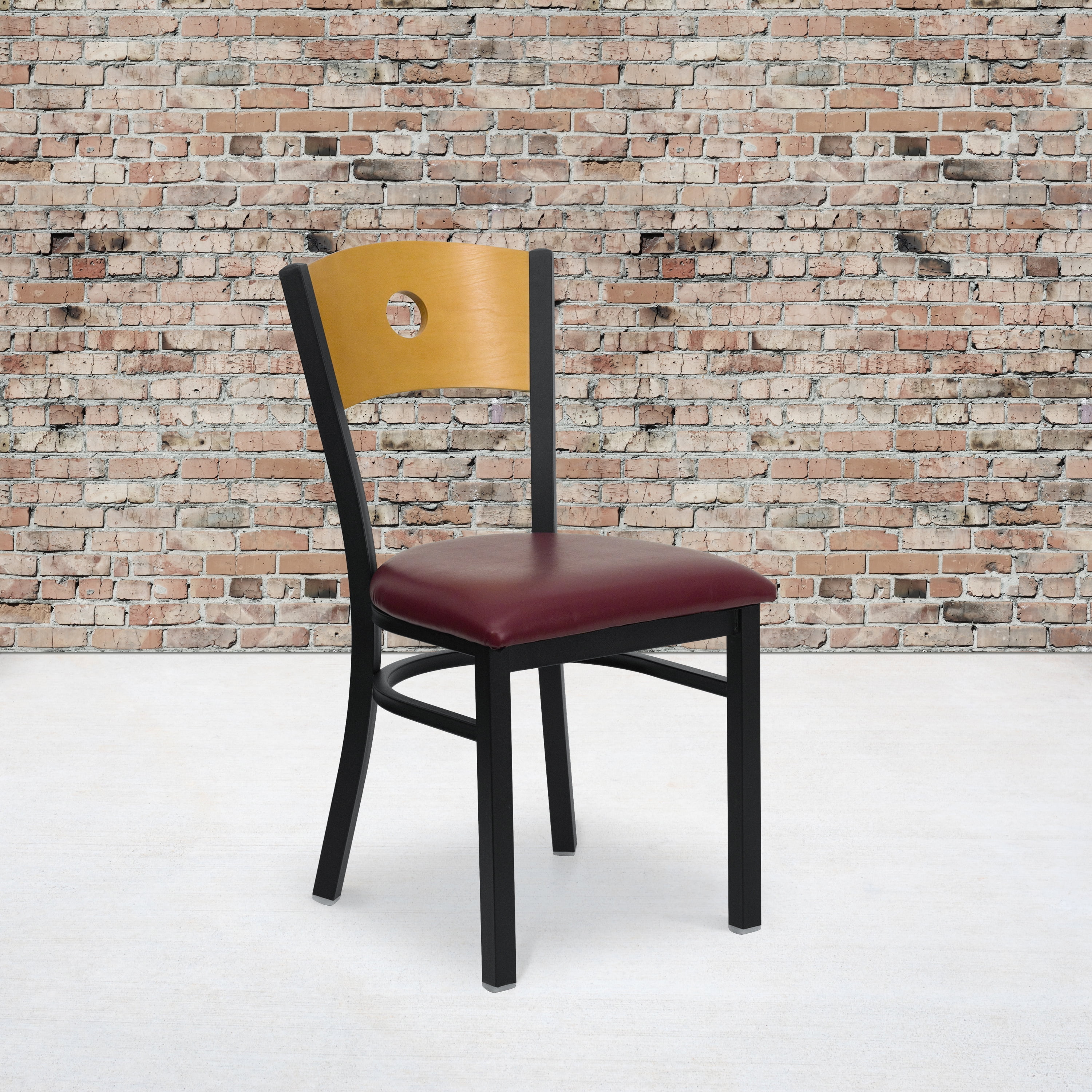 Flash Furniture 2 Pk. HERCULES Series Black Circle Back Metal Restaurant Chair - Natural Wood Back, Burgundy Vinyl Seat - Image 8