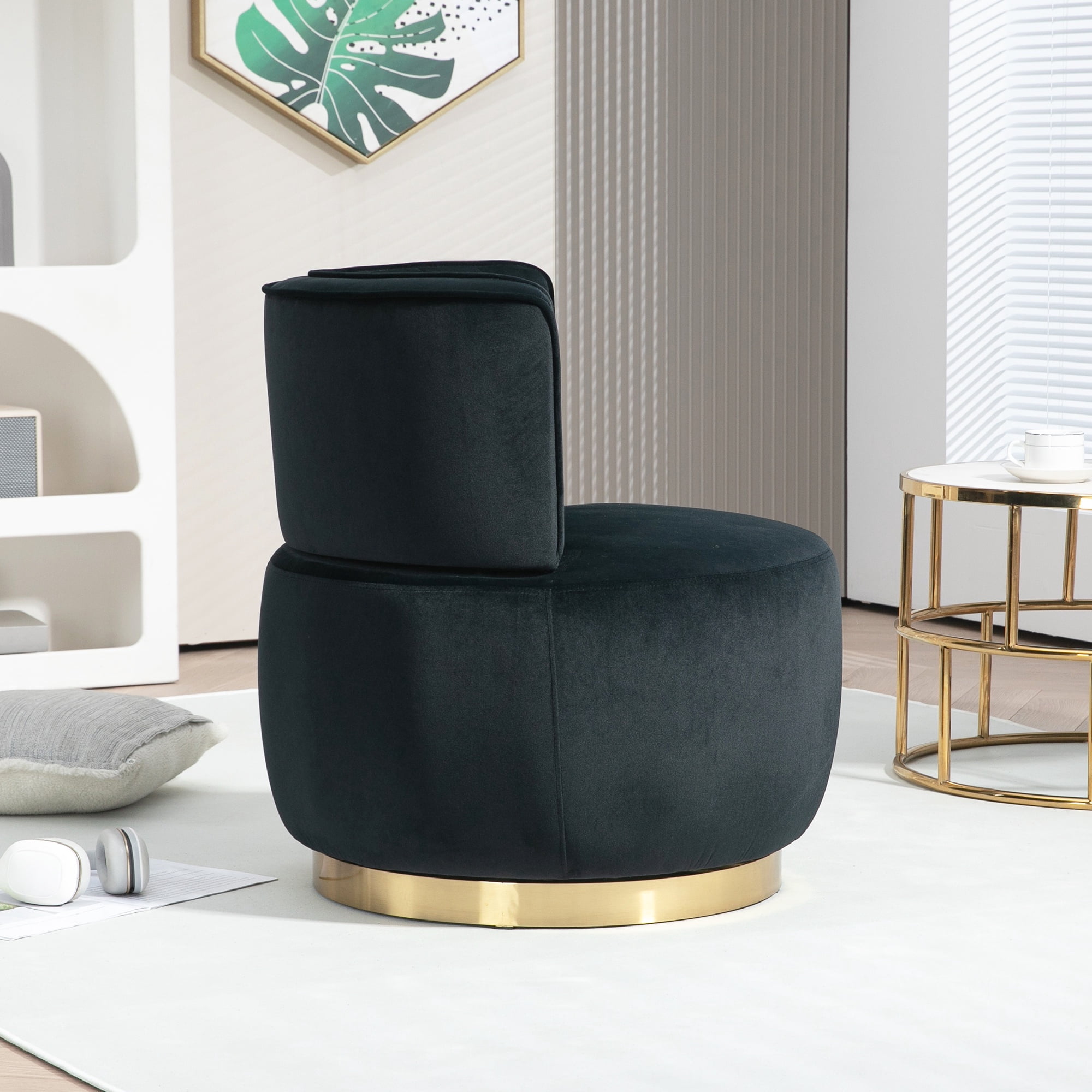 PAPROOS Swivel Accent Chair, Armchair with Velvet Fabric, Barrel Chair with Metal Ring for Living Room, Bedroom, Black - Image 9