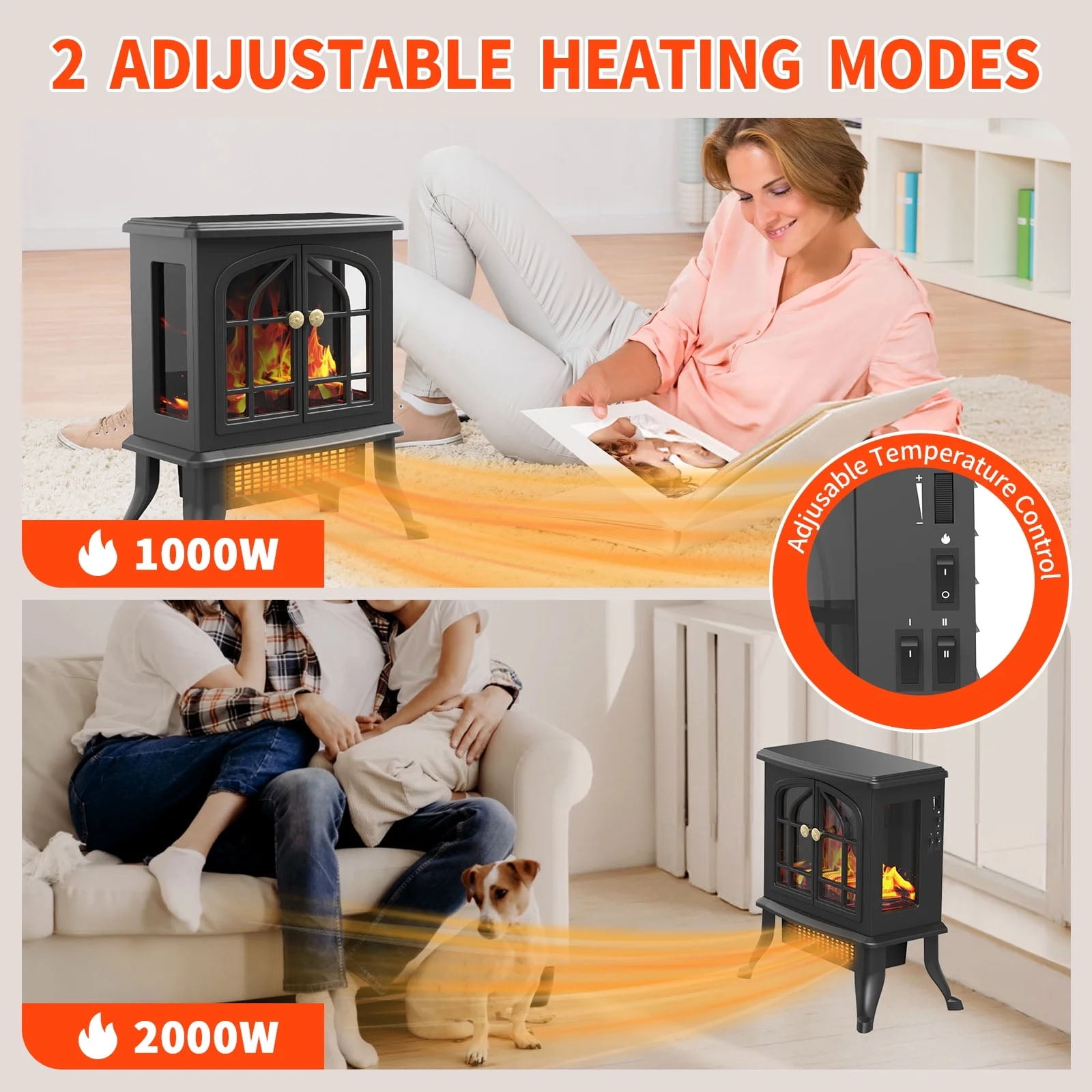 HONGGE Electric Fireplace-Indoor Freestanding Space Heater with Faux Log and Flame Effect, Black - Image 2