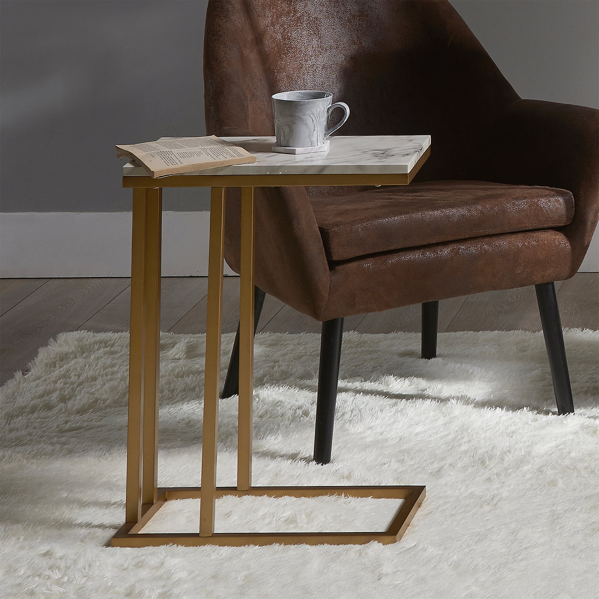 Teamson Home Marmo Modern Marble-Look C Shape Side Table, Marble/Brass - Image 2