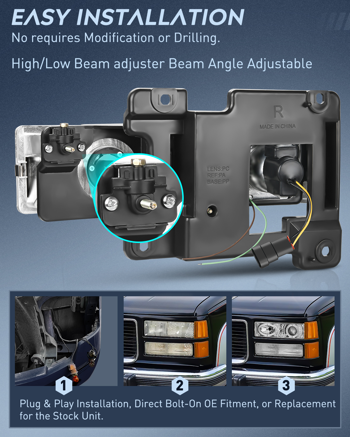 Nilight Headlight Assembly Compatible with 1988-1998 Chevy/GMC C10 C/K 1994-1999 Tahoe 1992-1994 Blazer 1992-1999 Yukon Suburban Chrome Housing Clear Lens Projector Halo Headlights - Image 6