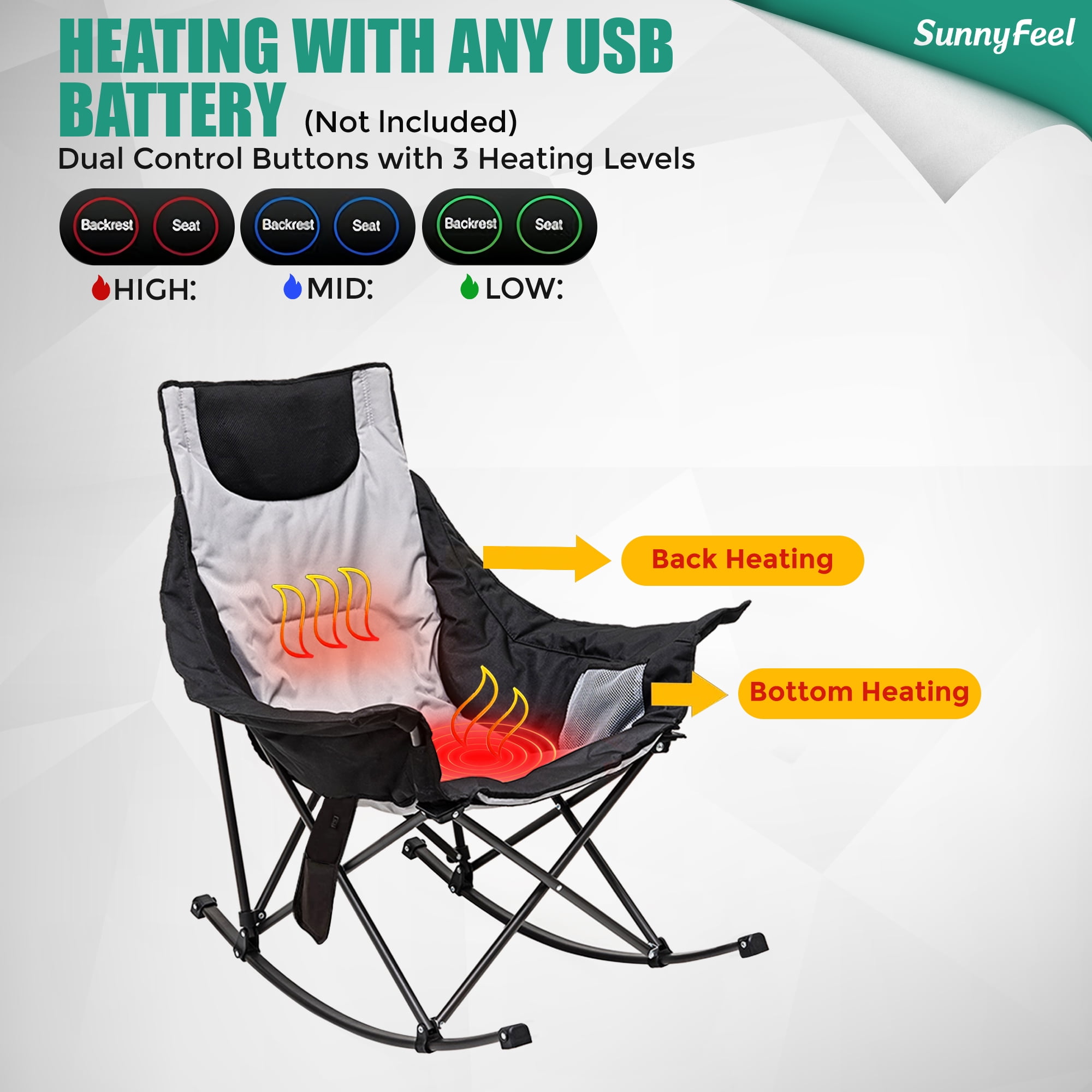 Sunnyfeel Oversized Heated Camping Chair, Folding Rocking Camping Chairs with Luxury Padded Recliner,Carry Bag, 300 LBS Heavy Duty for Lawn/Outdoor/Picnic/Patio, Portable Rocker Camp Chair - Image 2