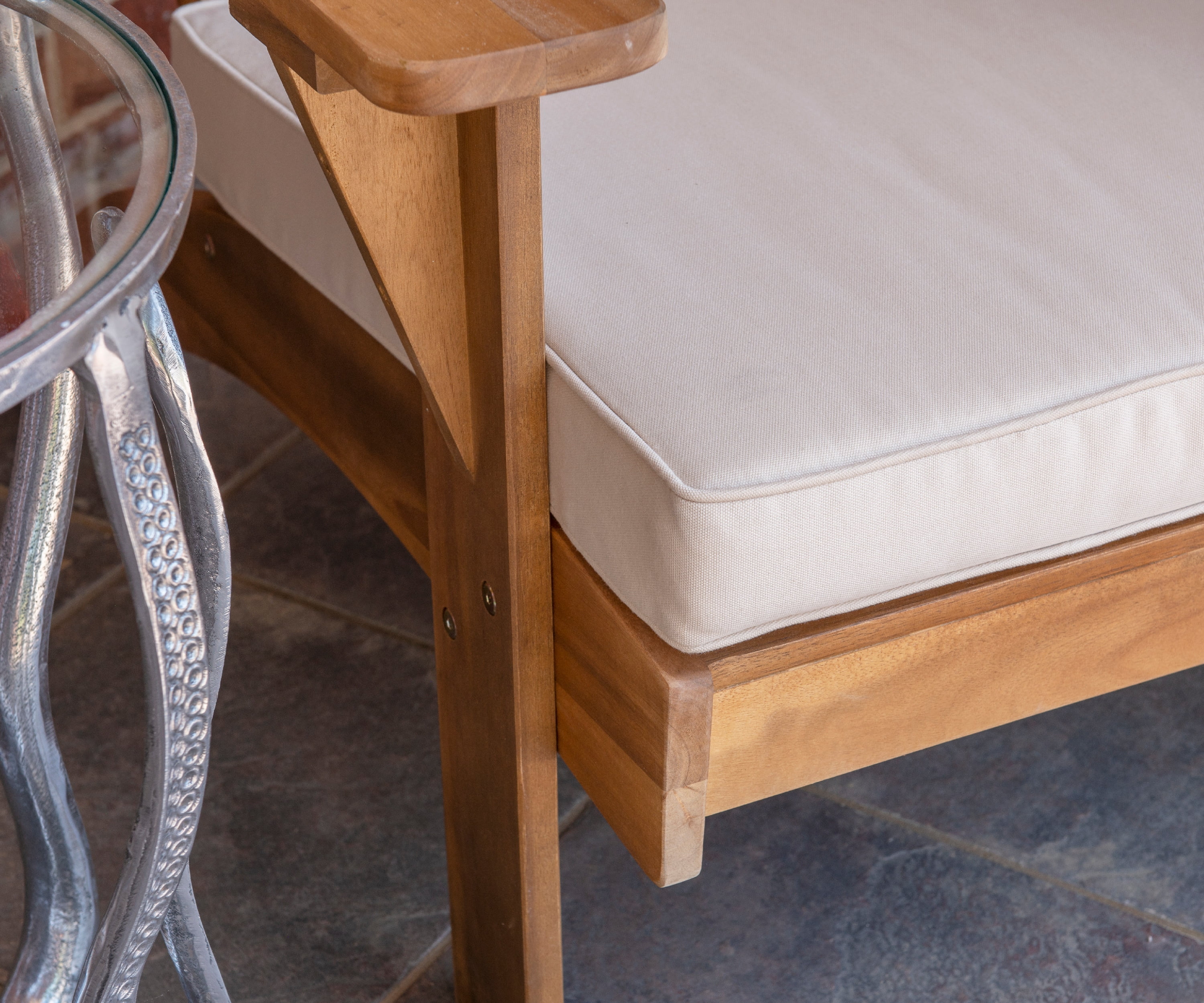 Linon Riverpark Slat Back Acacia Outdoor Lounge Chair with Cushion, Brown/Beige - Image 3