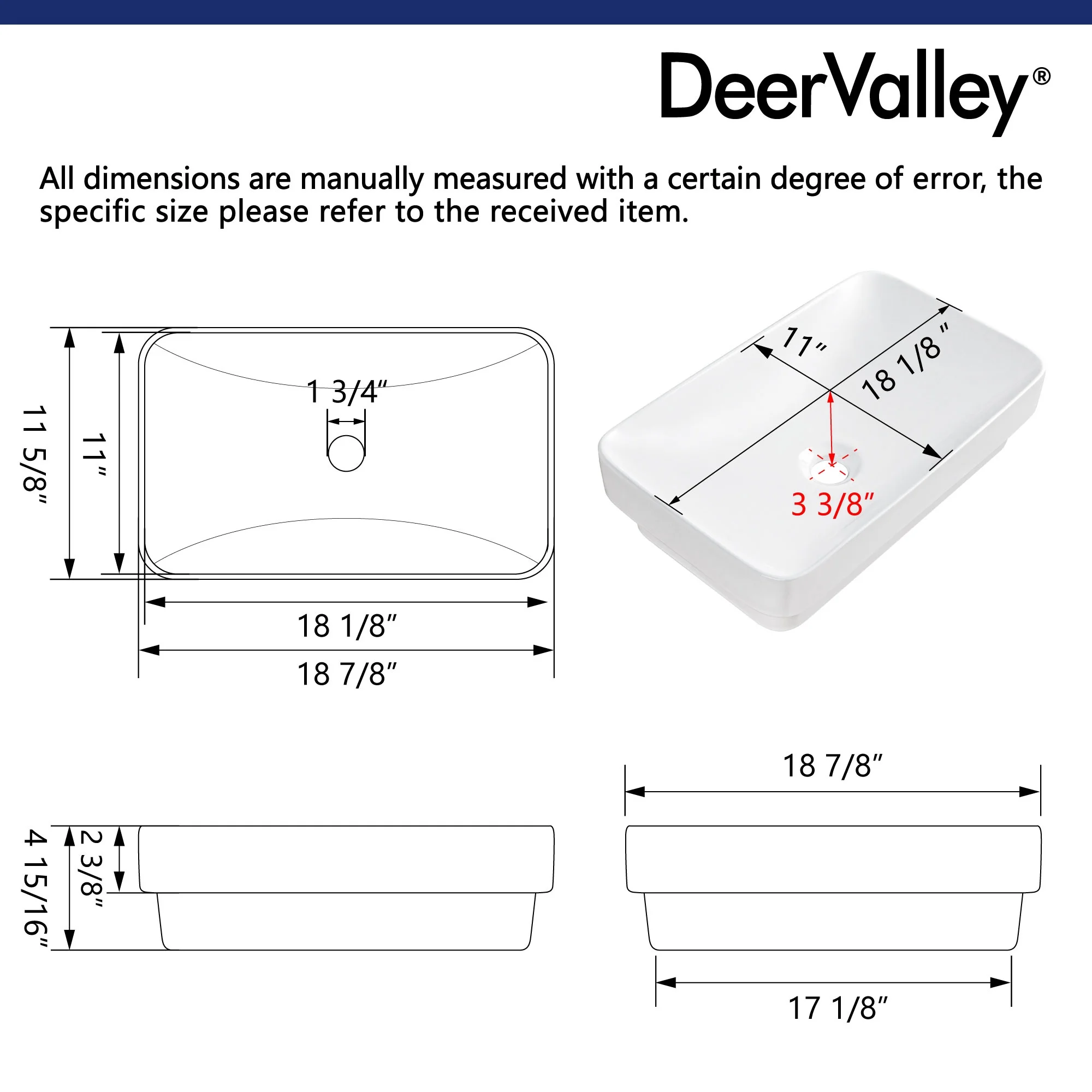 DV-1V0047 DeerValley Ally 19'' x 12'' Drop-In Bathroom Sink Semi-Recessed Vessel Sink Rectangular Above Counter Basin - Image 4